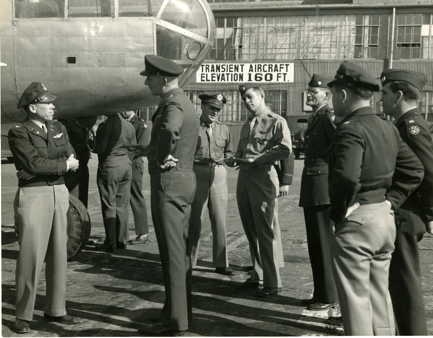 USAAF Officers Beside B-29 Superfortress Nose, Airfield Ceremony