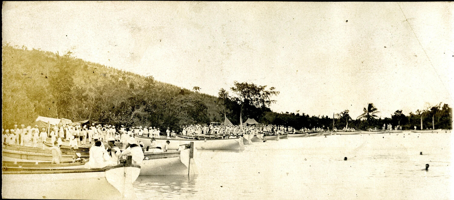 Sailors' Ship's Boats Lined Along a Tropical Shore, Early 1900s Fleet Landing