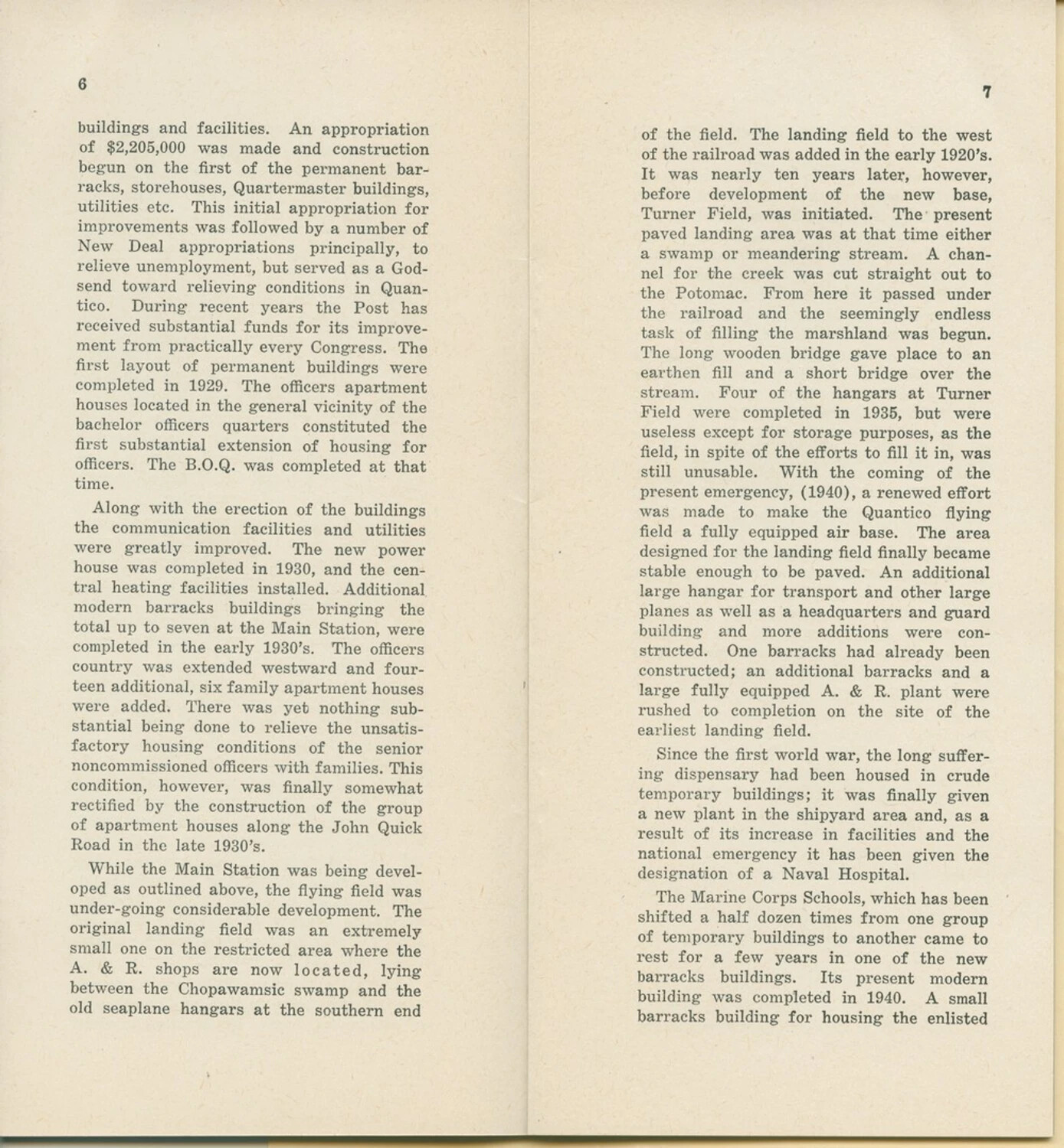 Printed History Booklet, Pages 6-7: Development of Marine Corps Base Quantico and Turner Field