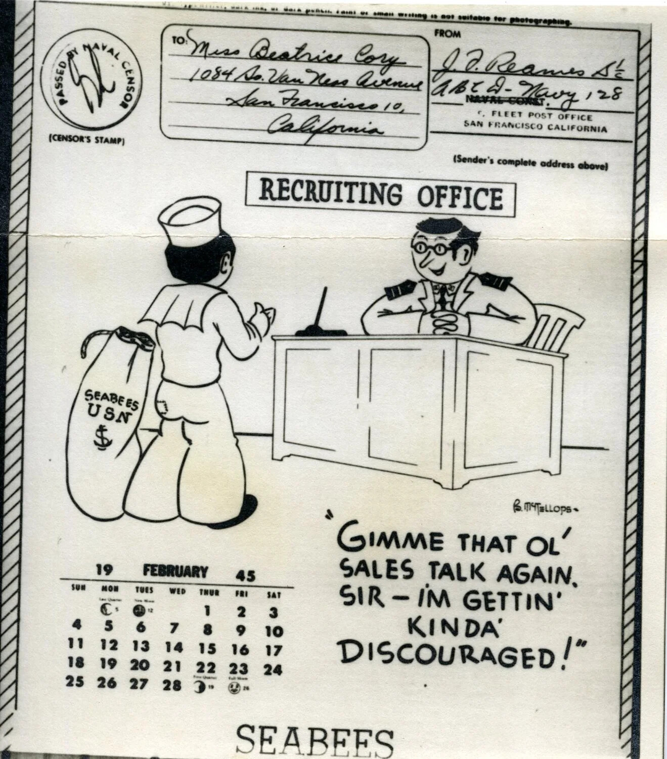 V-Mail Cartoon Sheet — 'Recruiting Office,' Seabees February 1945 Calendar Series, J.F. Reames S1/c to Beatrice Cory