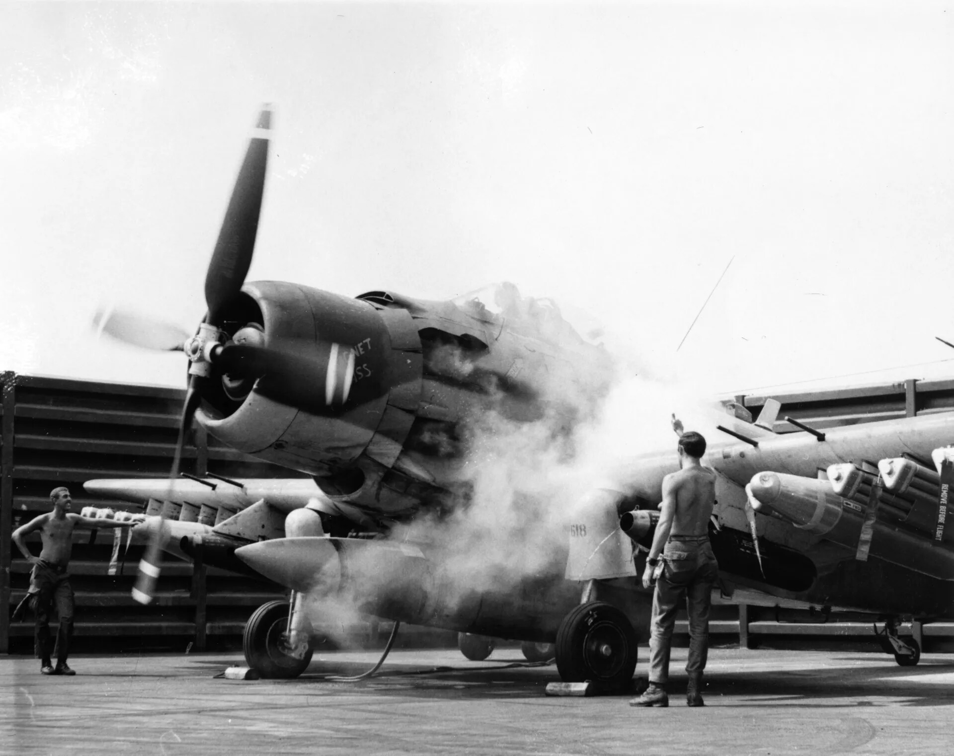 A-1 Skyraider Engine Start with Ground Crew Marshaling, Vietnam War Flight Line