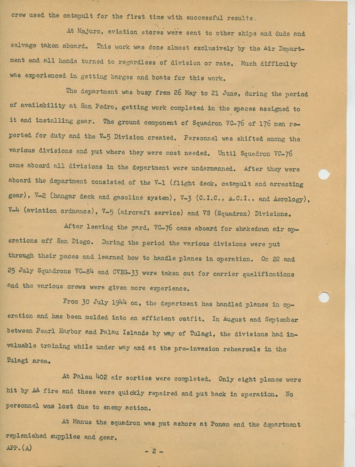 Typed Page 2, Appendix (A) - USS Petrof Bay (CVE-80) Air Department Operational Narrative, 1944 (San Pedro Availability, VC-76, Palau Invasion Sorties)