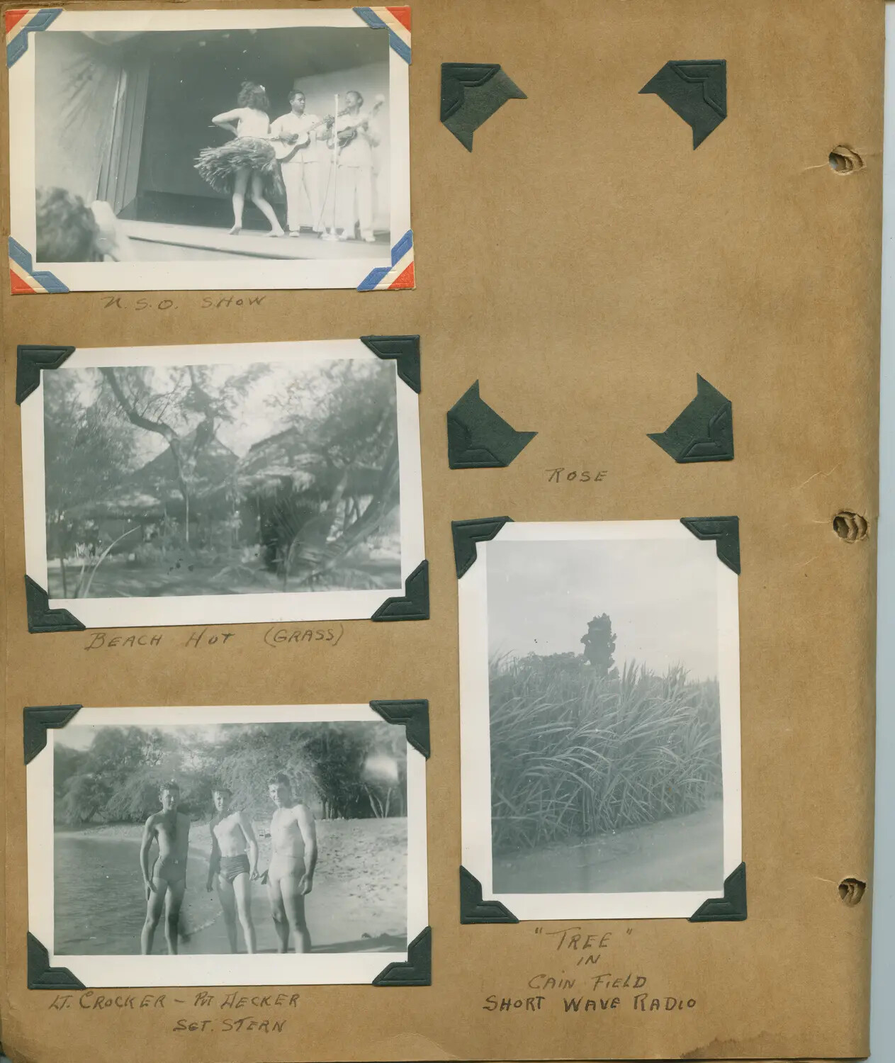 WWII Hawaii Photo Album Page: USO Show, Grass Beach Hut, Named Servicemen at Beach, and Camouflaged Radio Tower in Cane Field