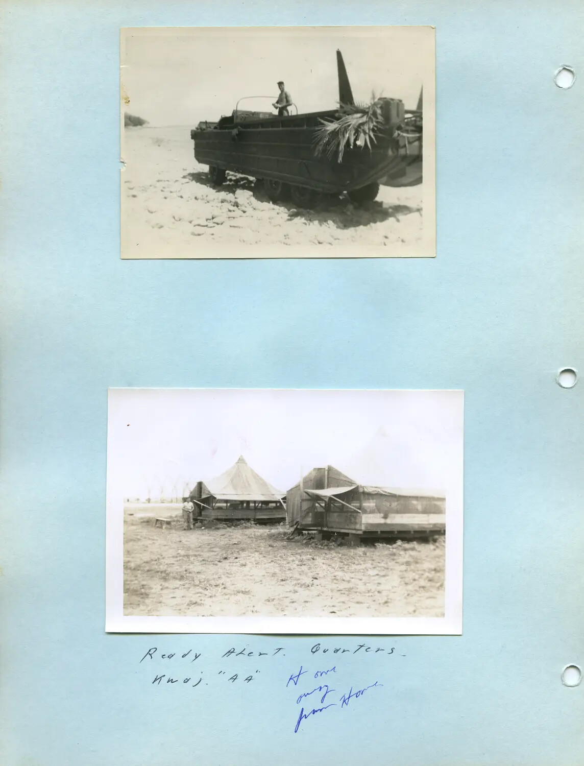 Photo Album Page: DUKW Amphibious Truck and Ready Alert Quarters, Kwajalein, WWII Pacific Theater