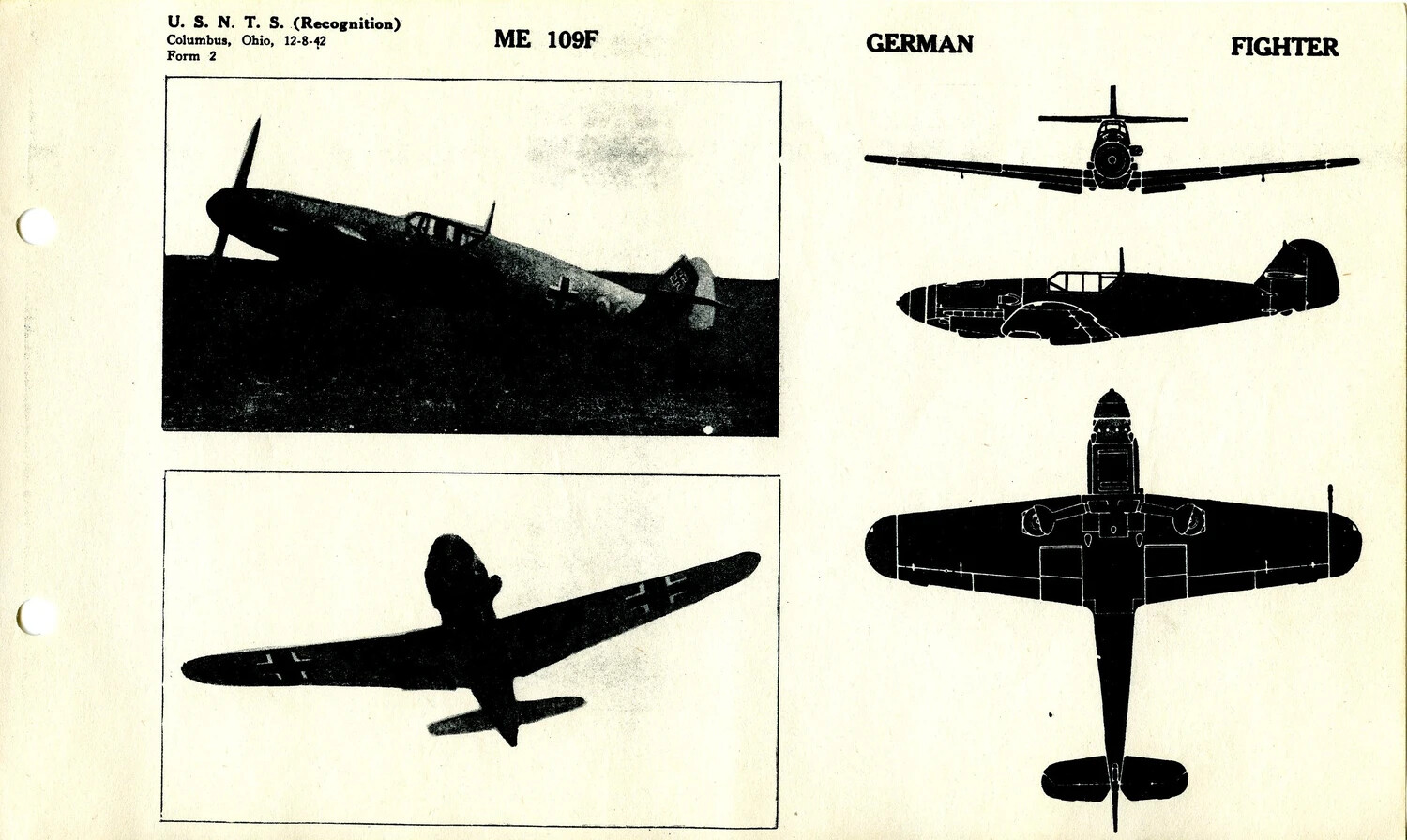 USNTS Aircraft Recognition Training Card: Messerschmitt ME 109F, German Fighter (Form 2, 12-8-42)