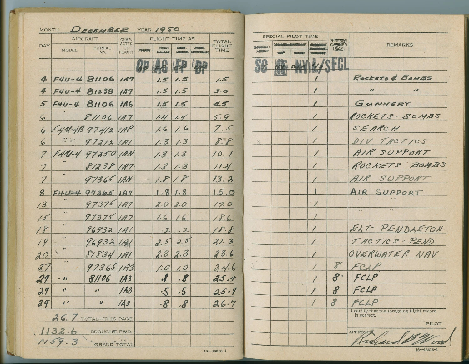 U.S. Navy Aviator's Flight Log Book, December 1950 — F4U-4 Corsair Combat Training Entries