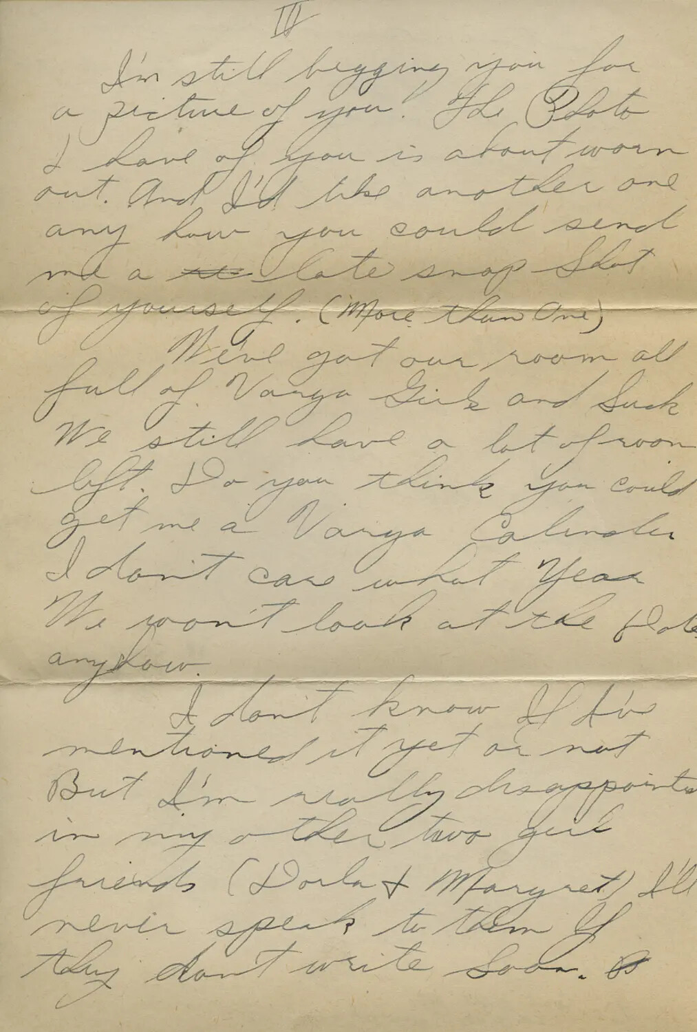 Handwritten Wartime Letter, Page IV - Personal Correspondence Referencing Vargas Girls Calendar