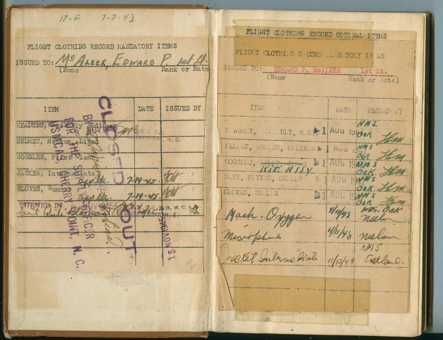 Flight Clothing Record Pages, 1st Lt. Edward P. McAleer Logbook, 1943–1949