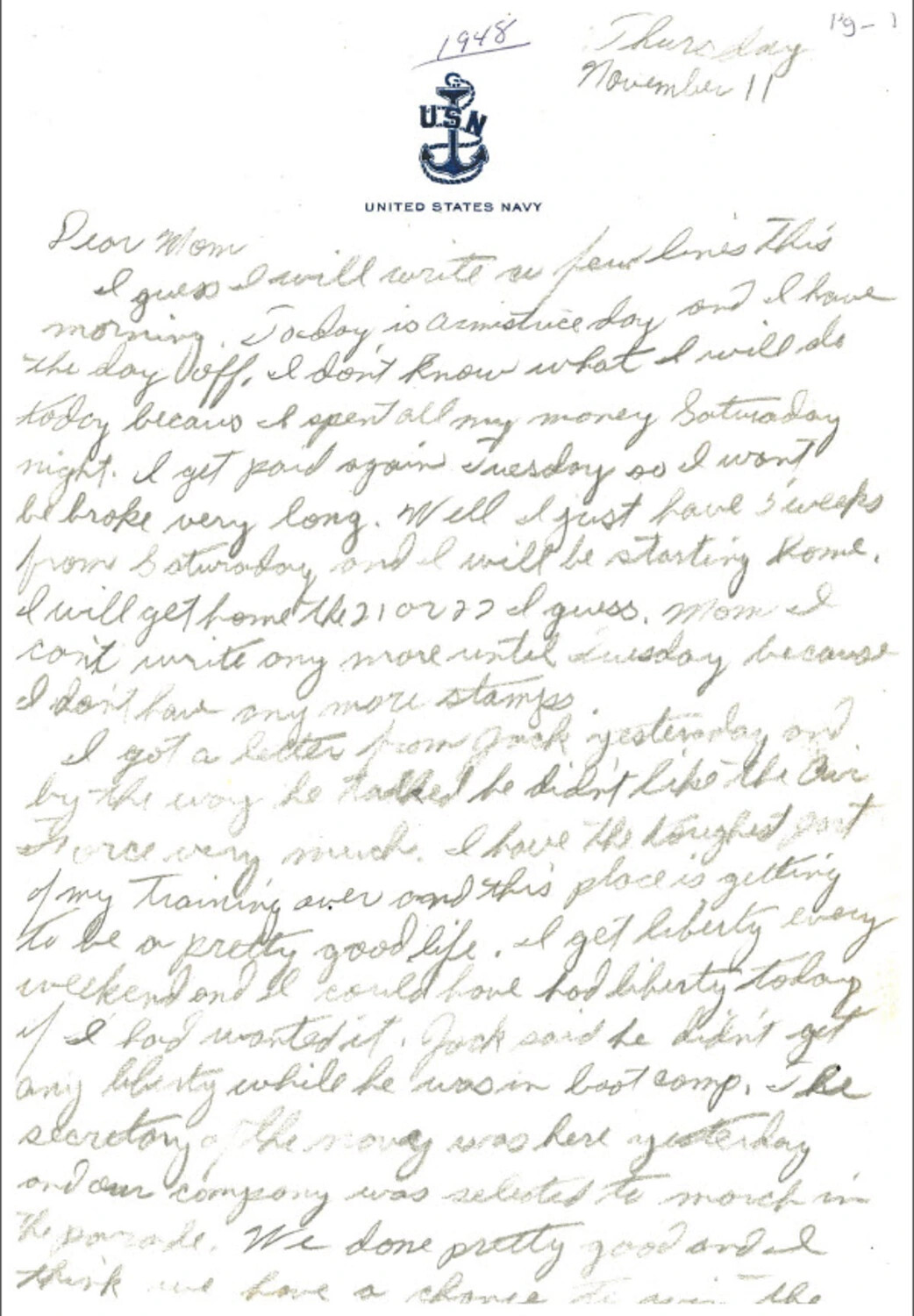 Handwritten Letter to 'Mom' on U.S. Navy Letterhead, Dated November 11, 1948