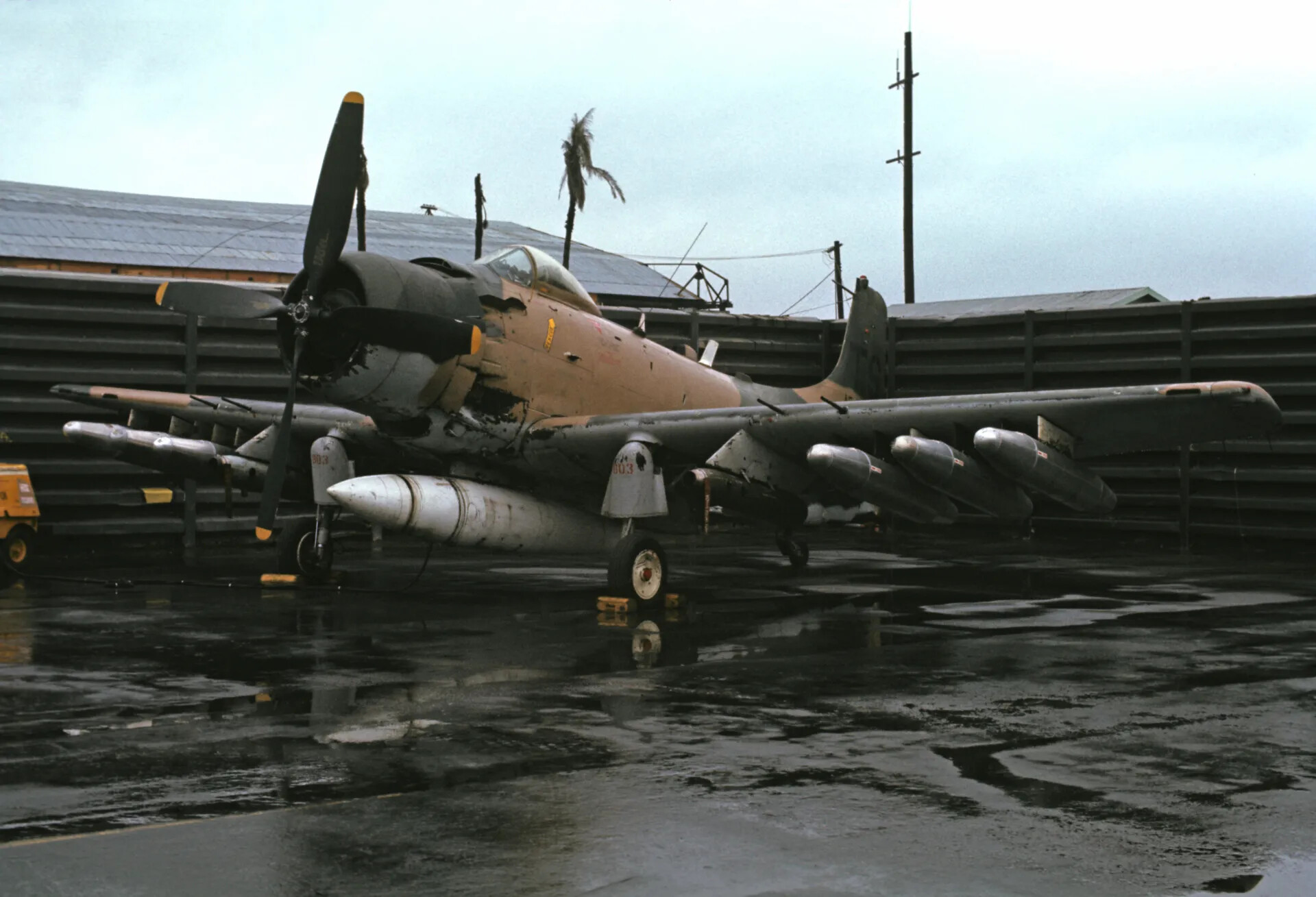 Douglas A-1 Skyraider on Wet Ramp Beside Blast Revetments, Southeast Asian Air Base, circa 1970
