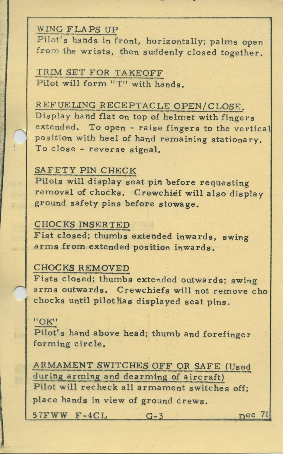 57th Fighter Weapons Wing F-4 Phantom II Ground Signal Reference Card, December 1971