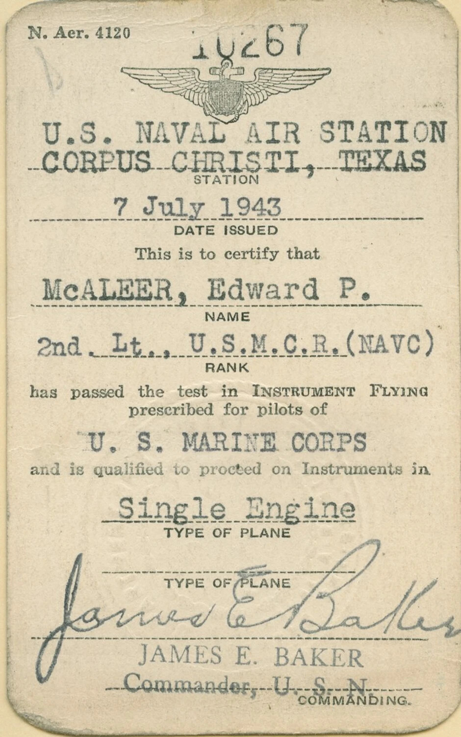 Instrument Flying Qualification Card, 2nd Lt. Edward P. McAleer, USMCR, NAS Corpus Christi, 7 July 1943
