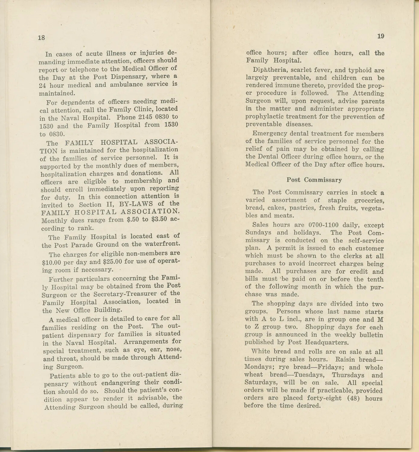 Military Post Guidebook, Pages 18-19 — Medical Services and Post Commissary Regulations