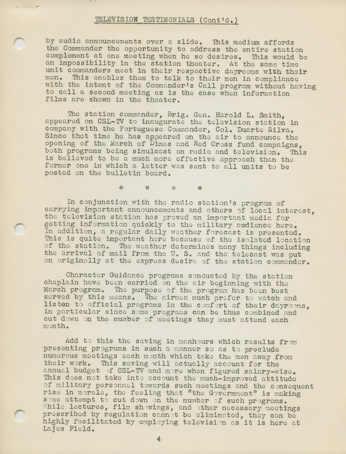 Document Page 4: 'Television Testimonials (Cont'd.)' - AFRTS Report on CSL-TV, Lajes Field, Azores