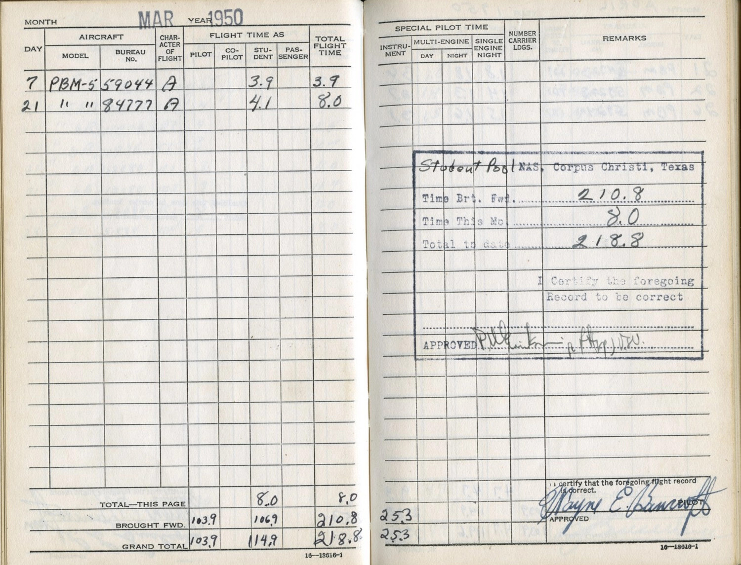 Naval Aviator's Flight Logbook Page, PBM-5 Mariner Training, NAS Corpus Christi, March 1950