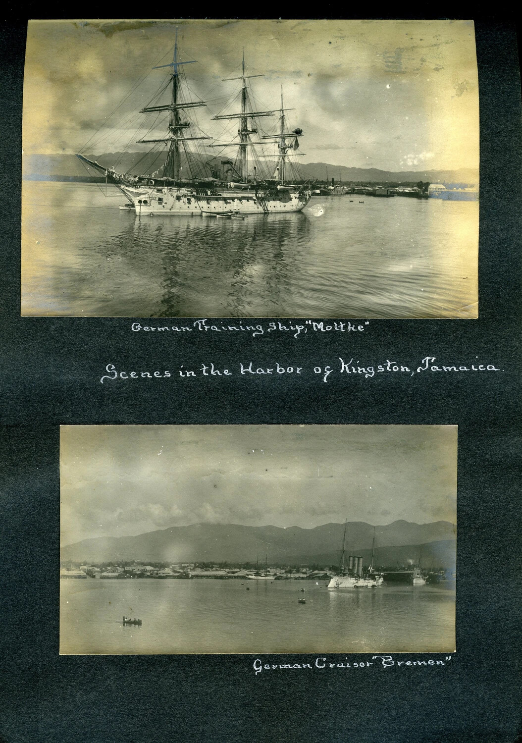 Album Page: 'German Training Ship "Moltke"' and 'German Cruiser "Bremen"' — Scenes in the Harbor of Kingston, Jamaica