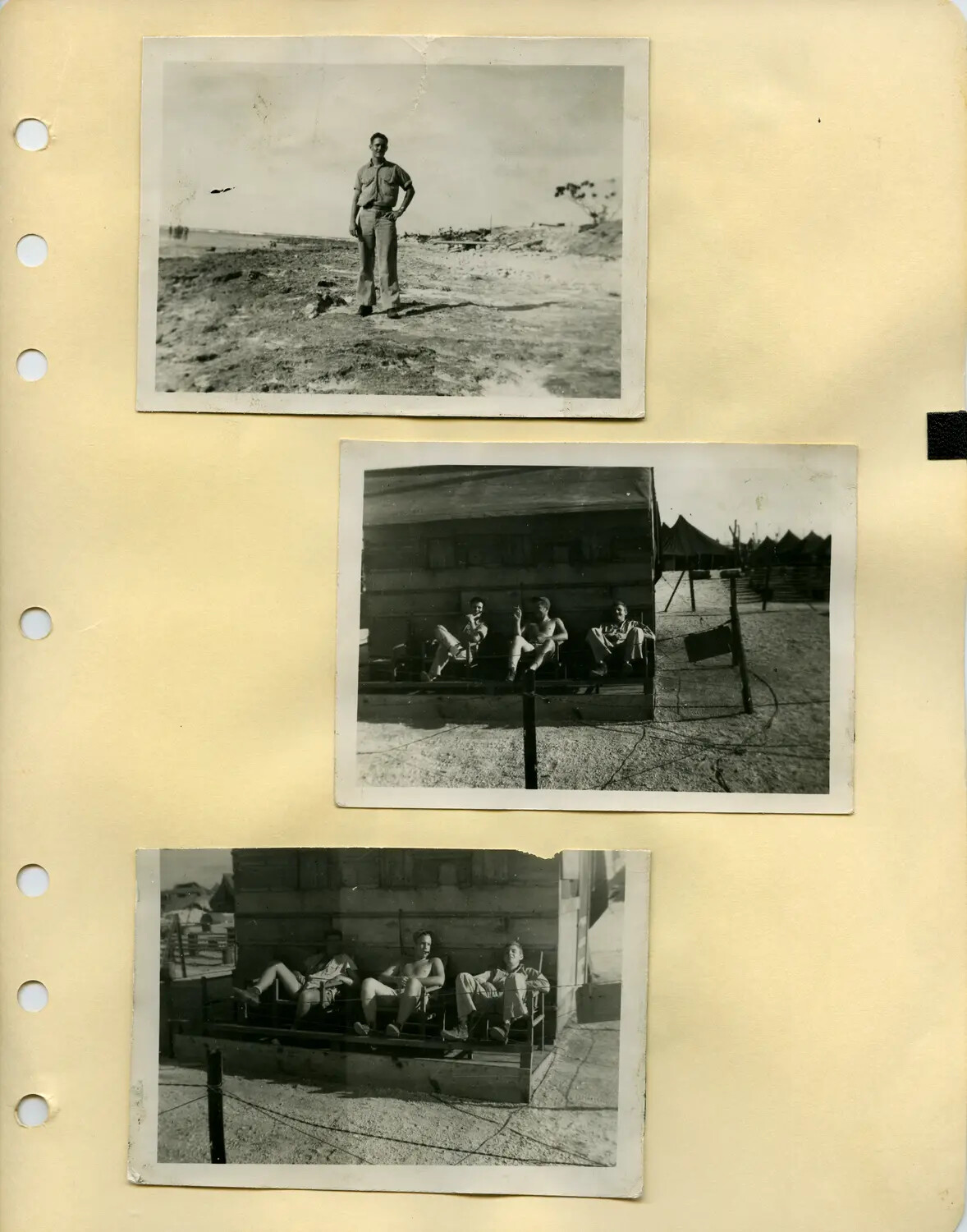 Album Page: Serviceman on Coastal Terrain and Off-Duty Group Portraits, Edward P. McAleer WWII Collection