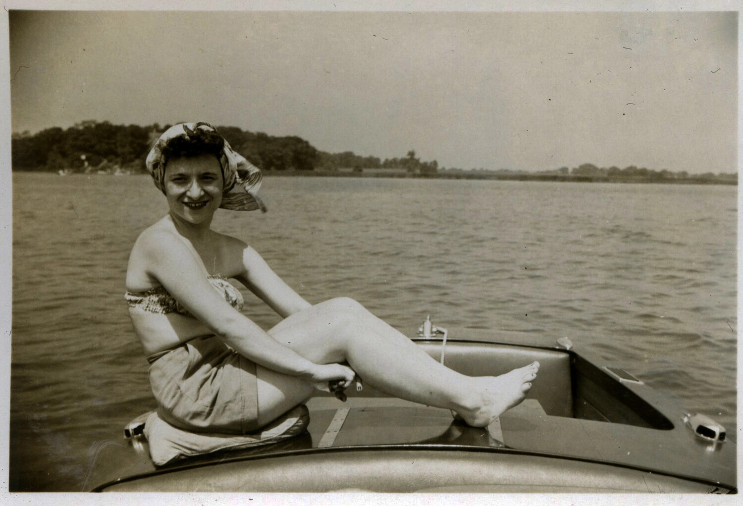 Young Woman in Swimsuit on Motorboat Deck, Lakeside Leisure Outing, Early 1950s