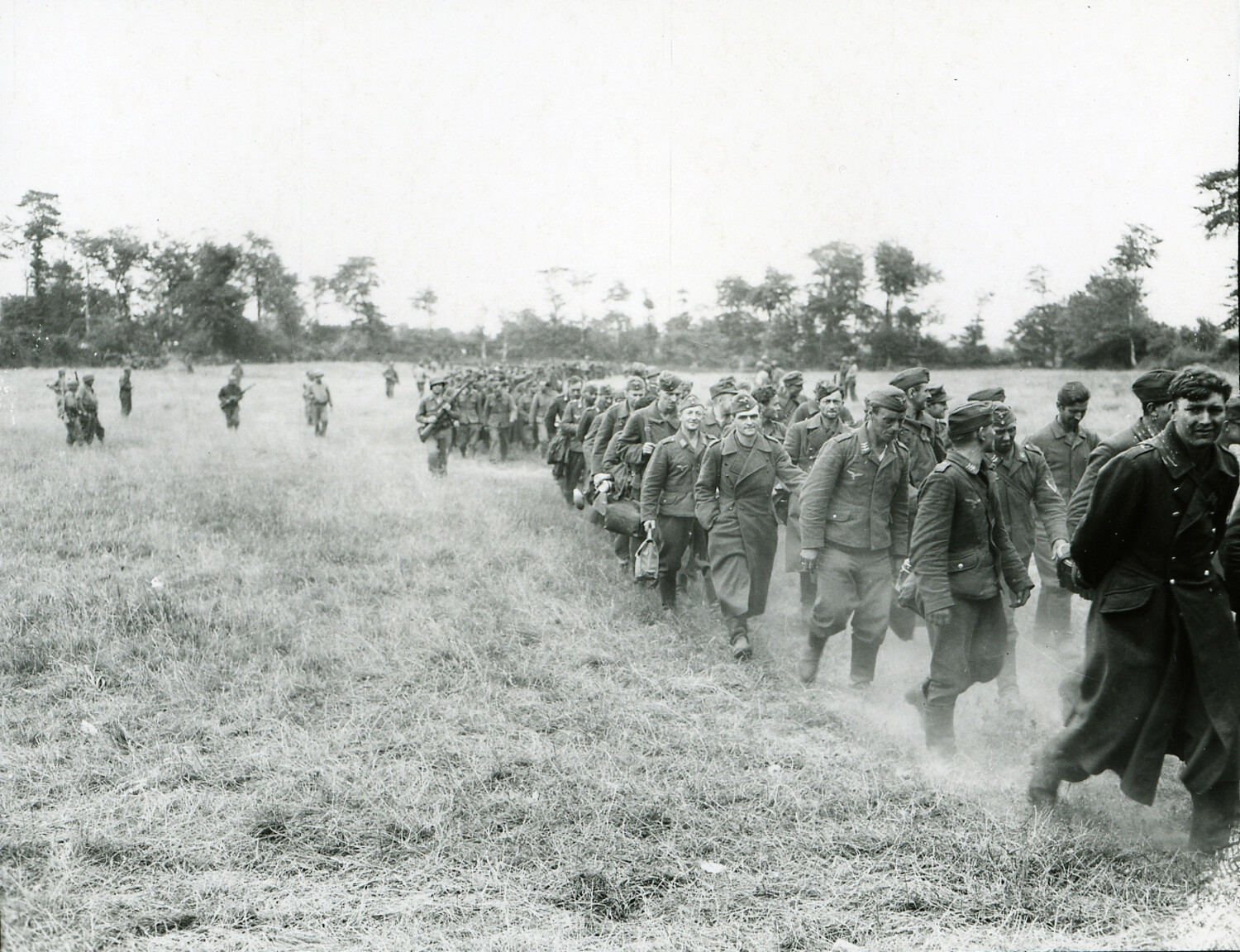 German Prisoners of War Marched Across Field Under American Paratrooper Guard, Normandy, France