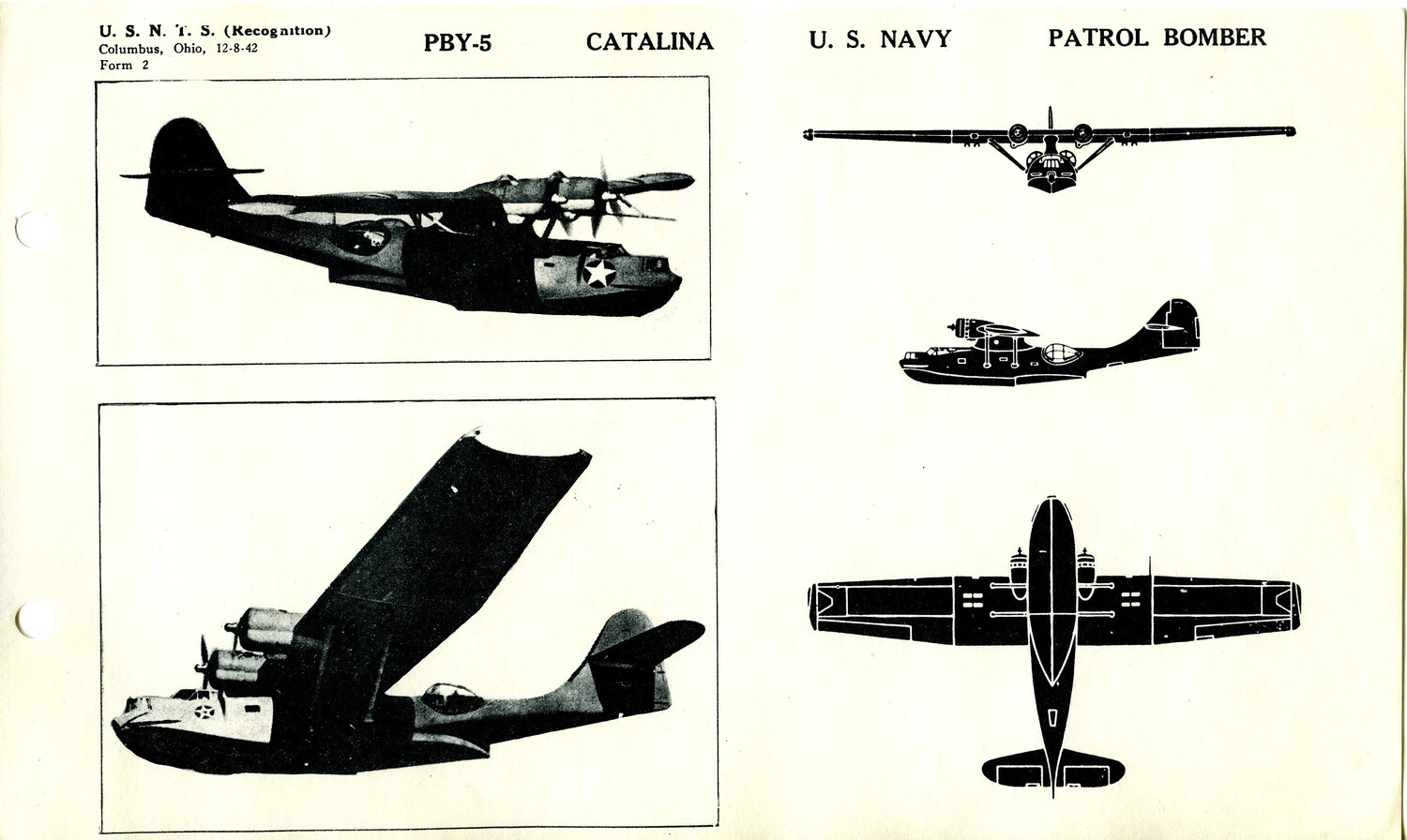 U.S.N.T.S. Aircraft Recognition Training Card: Consolidated PBY-5 Catalina, U.S. Navy Patrol Bomber (Columbus, Ohio, 12-8-42, Form 2)