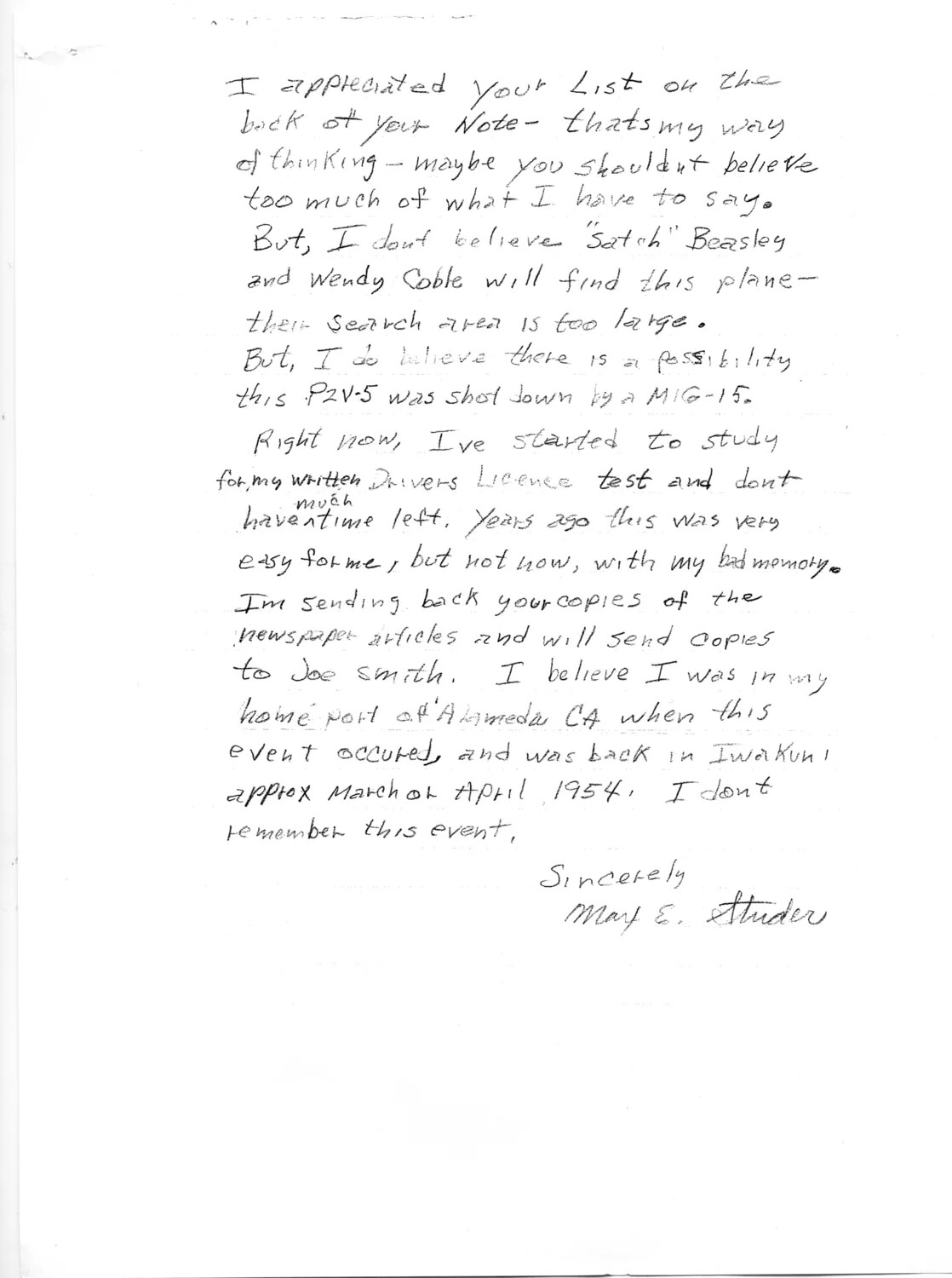 Handwritten Letter Regarding Lost P2V-5 Neptune Aircraft Research, Bancroft Korean War Navy Documents