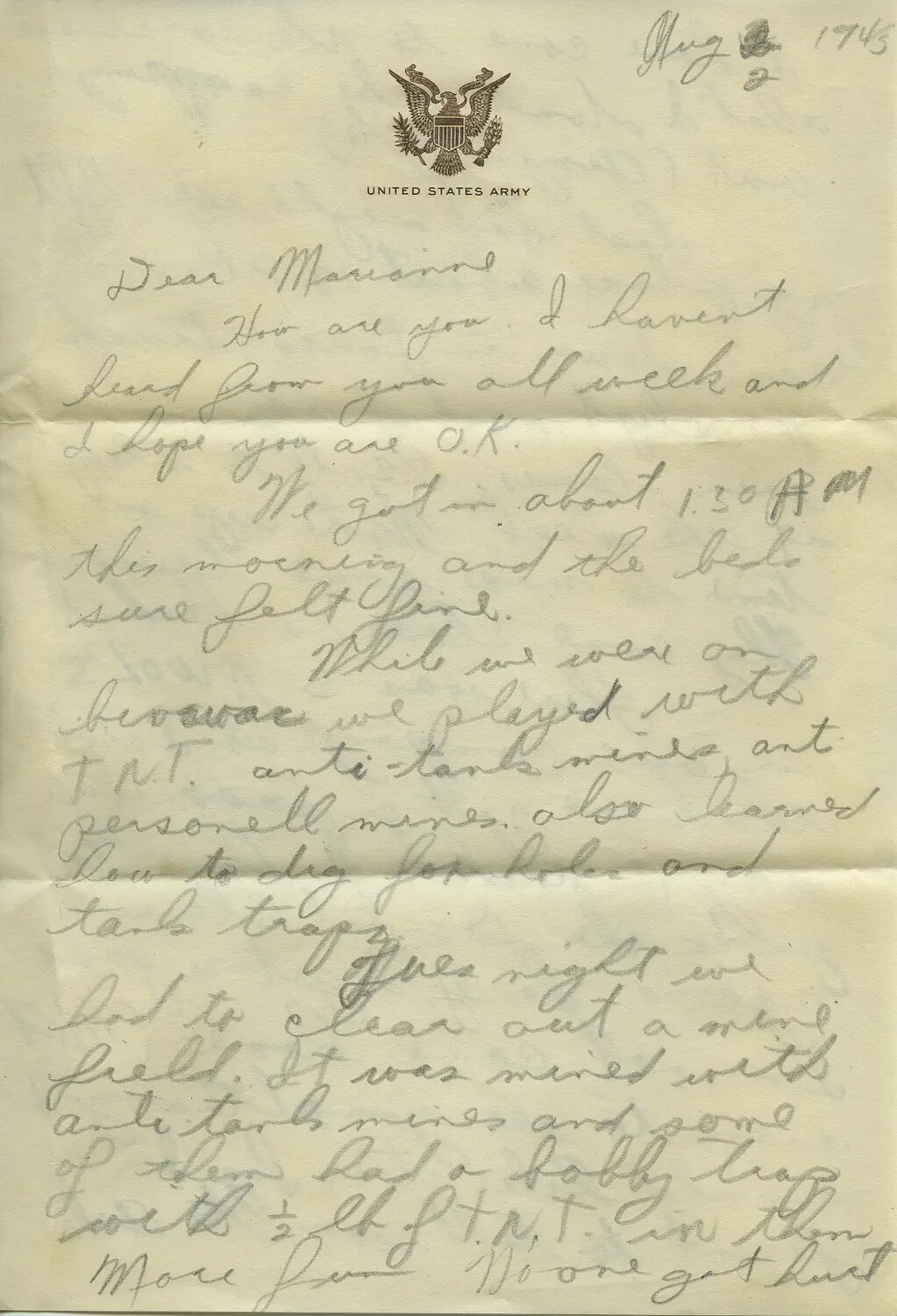 Handwritten Letter to "Marianne" on U.S. Army Letterhead, Dated August 3, 1945