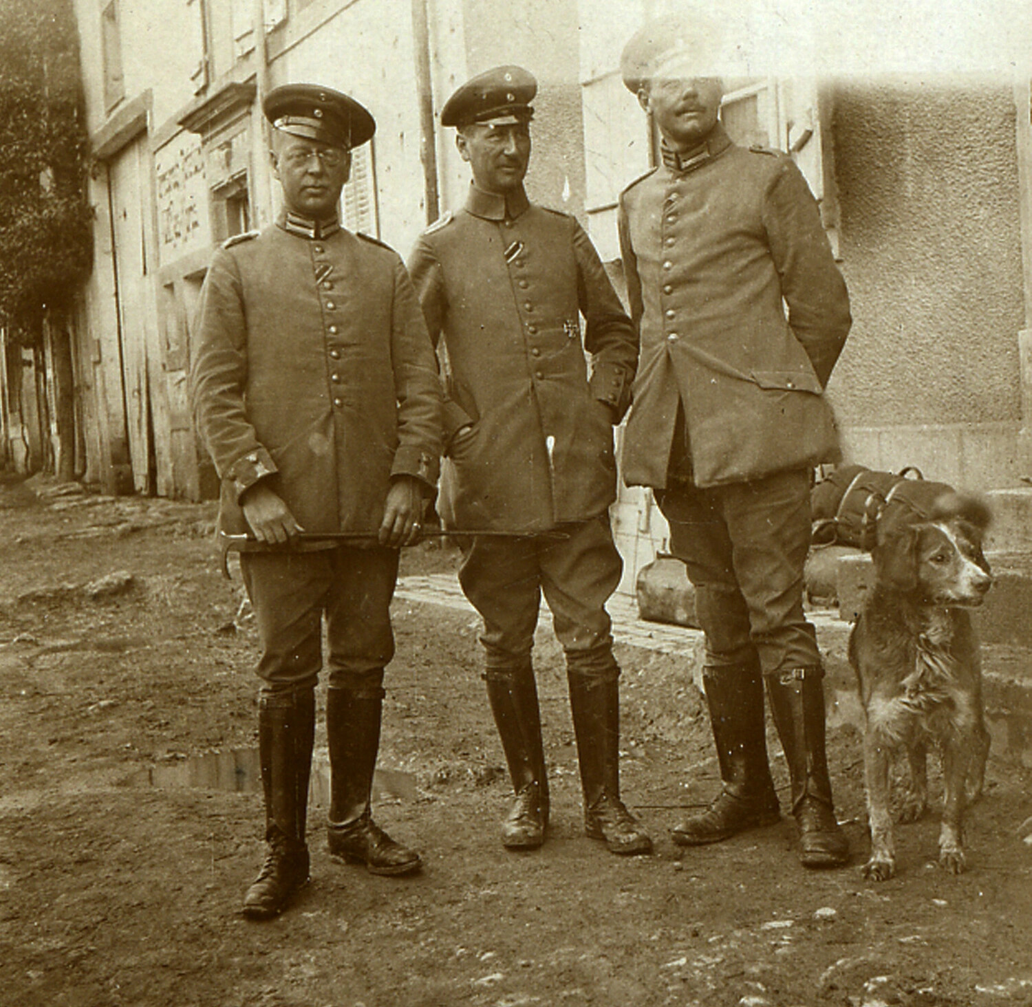Three German Army Officers with Dog, Occupied Town, World War I