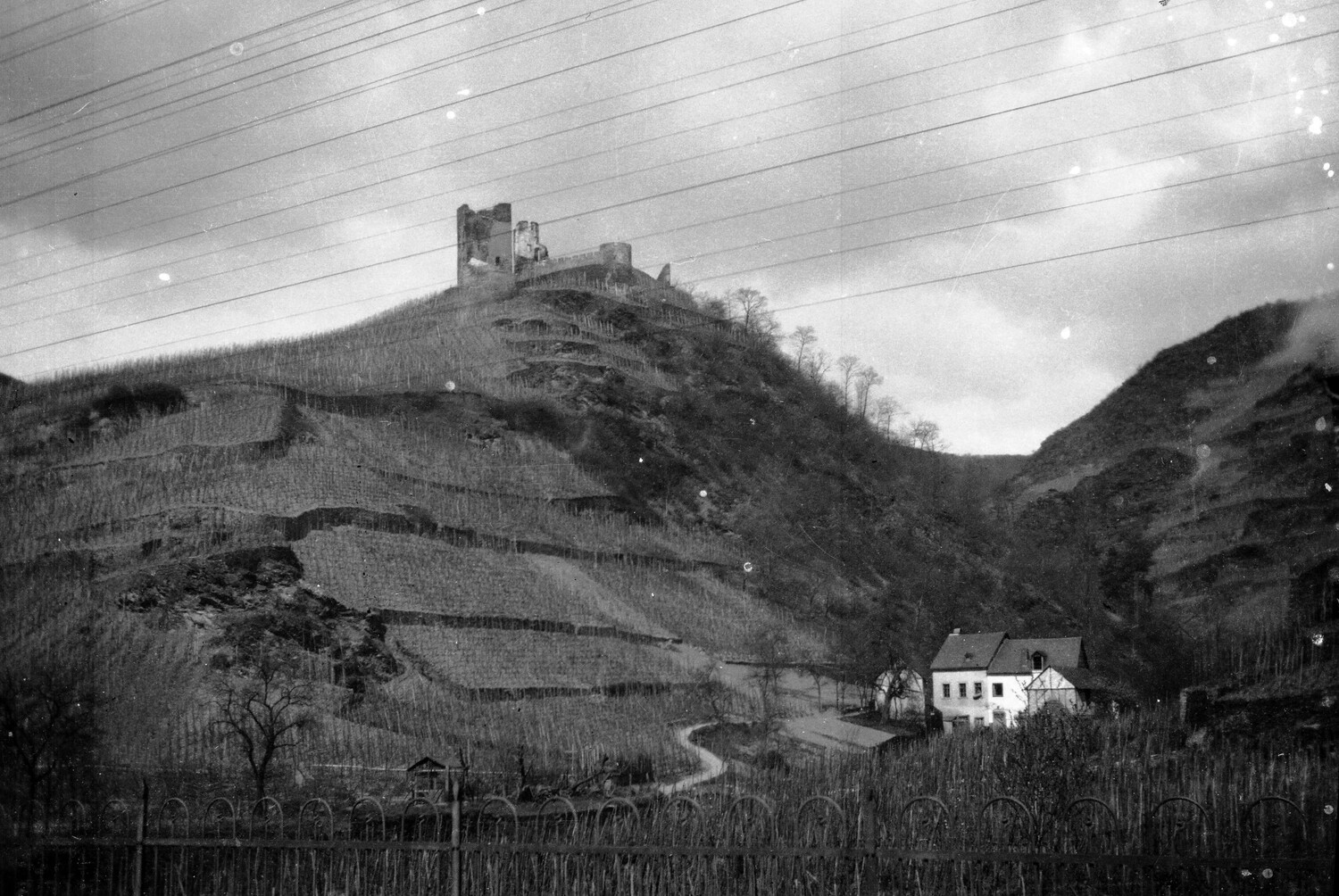 Vineyard Hillside with Ruined Castle, France, WWI-era Photograph