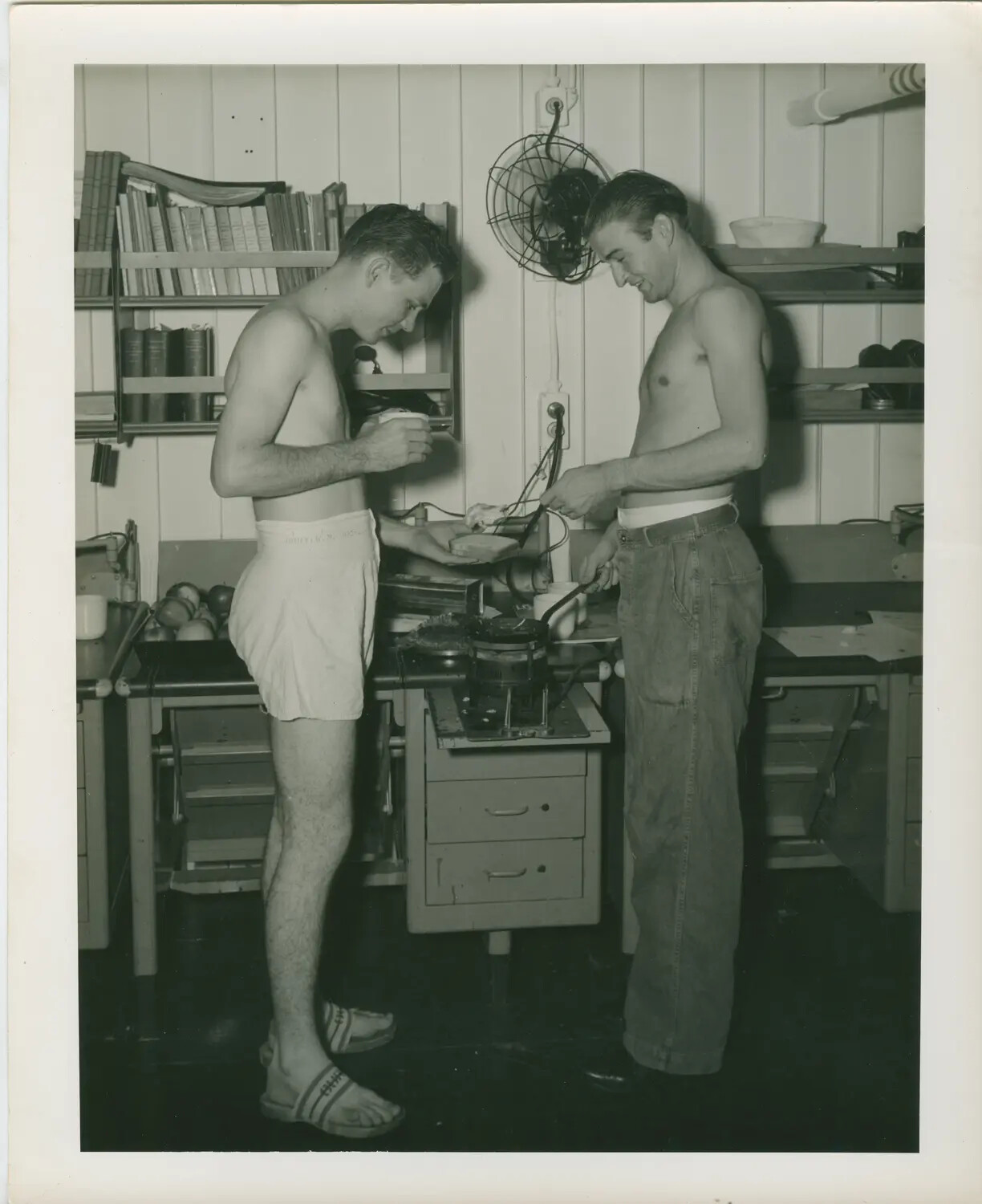Sailors Working in Shipboard Workshop, USS Petrof Bay (CVE-80), WWII