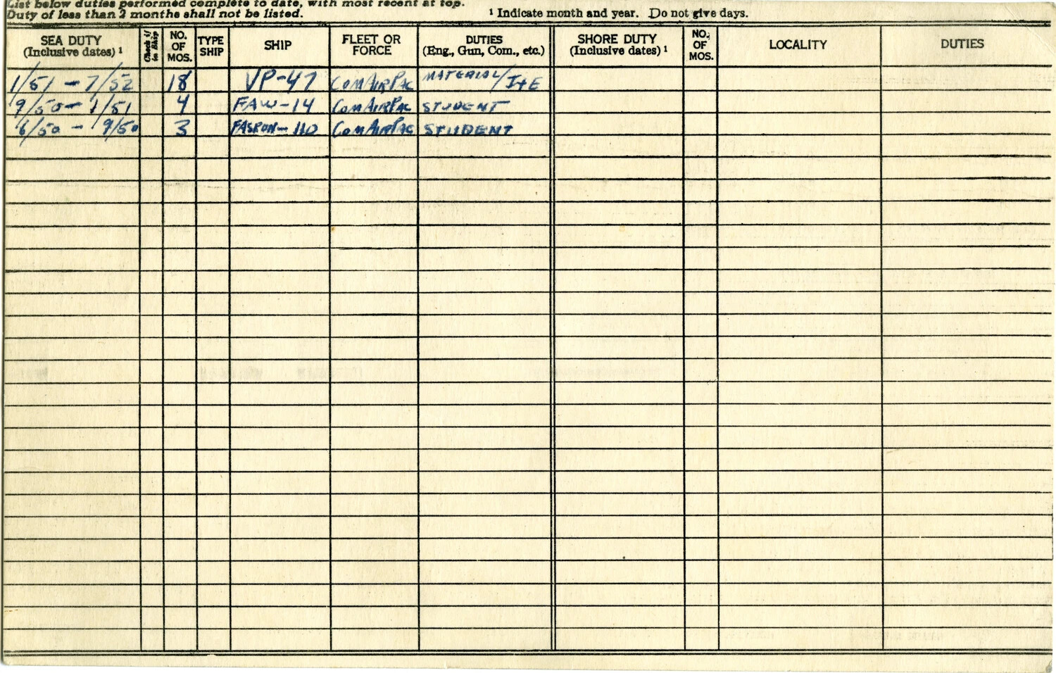 U.S. Navy Sea Duty Service Record Card - Lt. Bancroft, VP-47/FAW-14/FASRON-110, 1950-1952