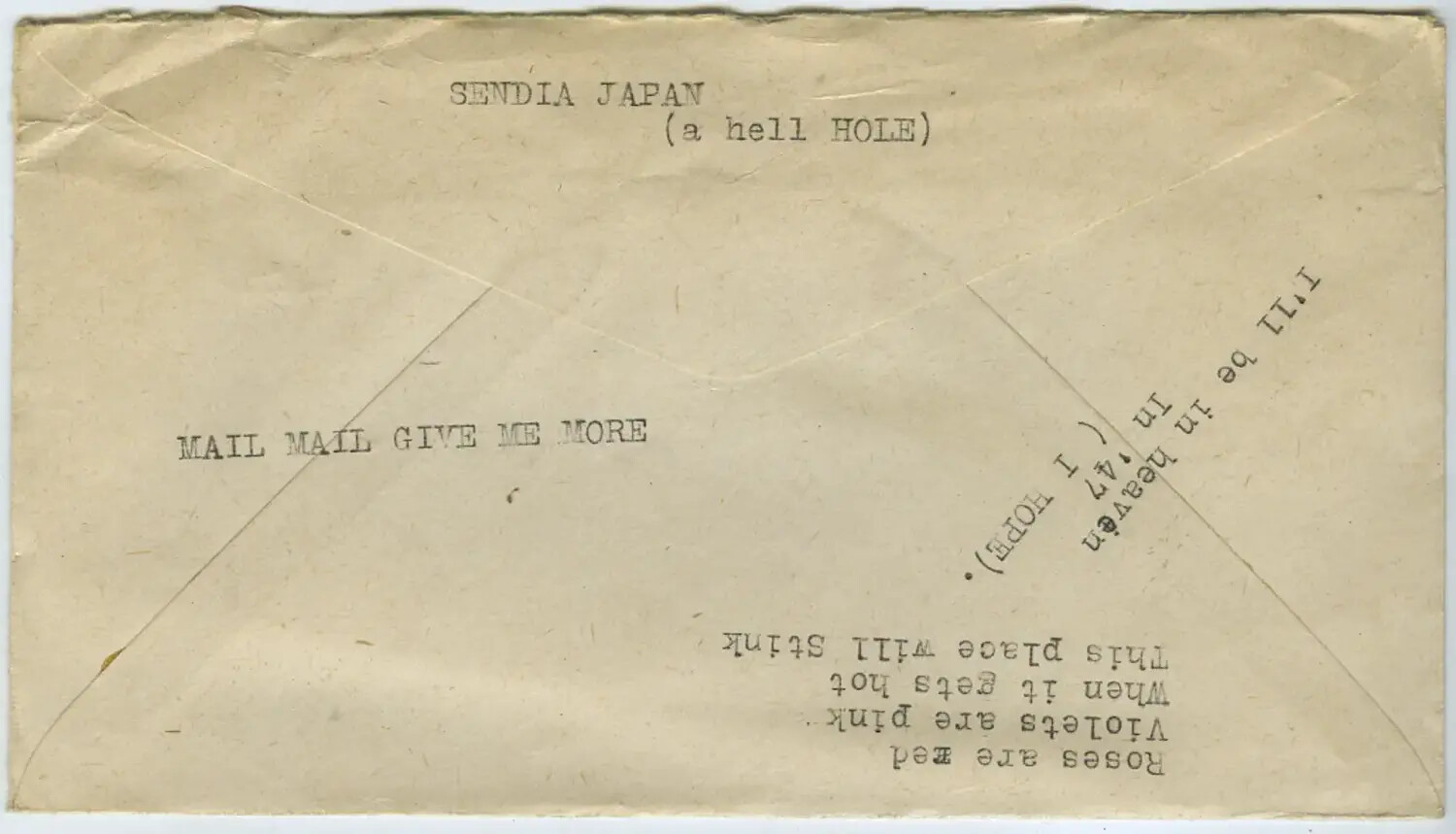 Envelope Reverse with Typed Annotations, "Sendai Japan (a hell hole)" — Moon Sammiet WWII Letters Collection