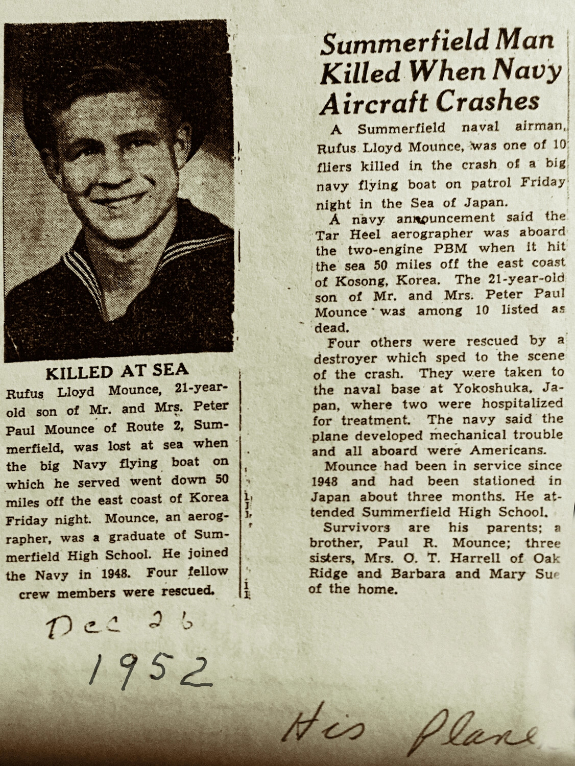 Newspaper Obituary Clipping: 'Summerfield Man Killed When Navy Aircraft Crashes' — Rufus Lloyd Mounce, PBM Crash, December 1952