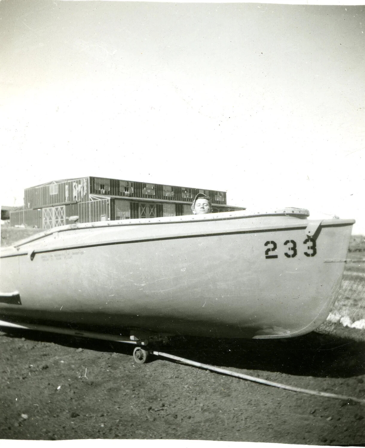 U.S. Navy Motor Launch No. 233 on Trailer with Serviceman, Military Installation, 1946