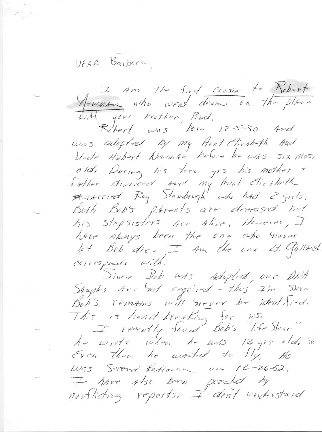 Handwritten Family Letter Regarding Korean War MIA Aircrew — Lt. Bancroft Korean War Navy Collection