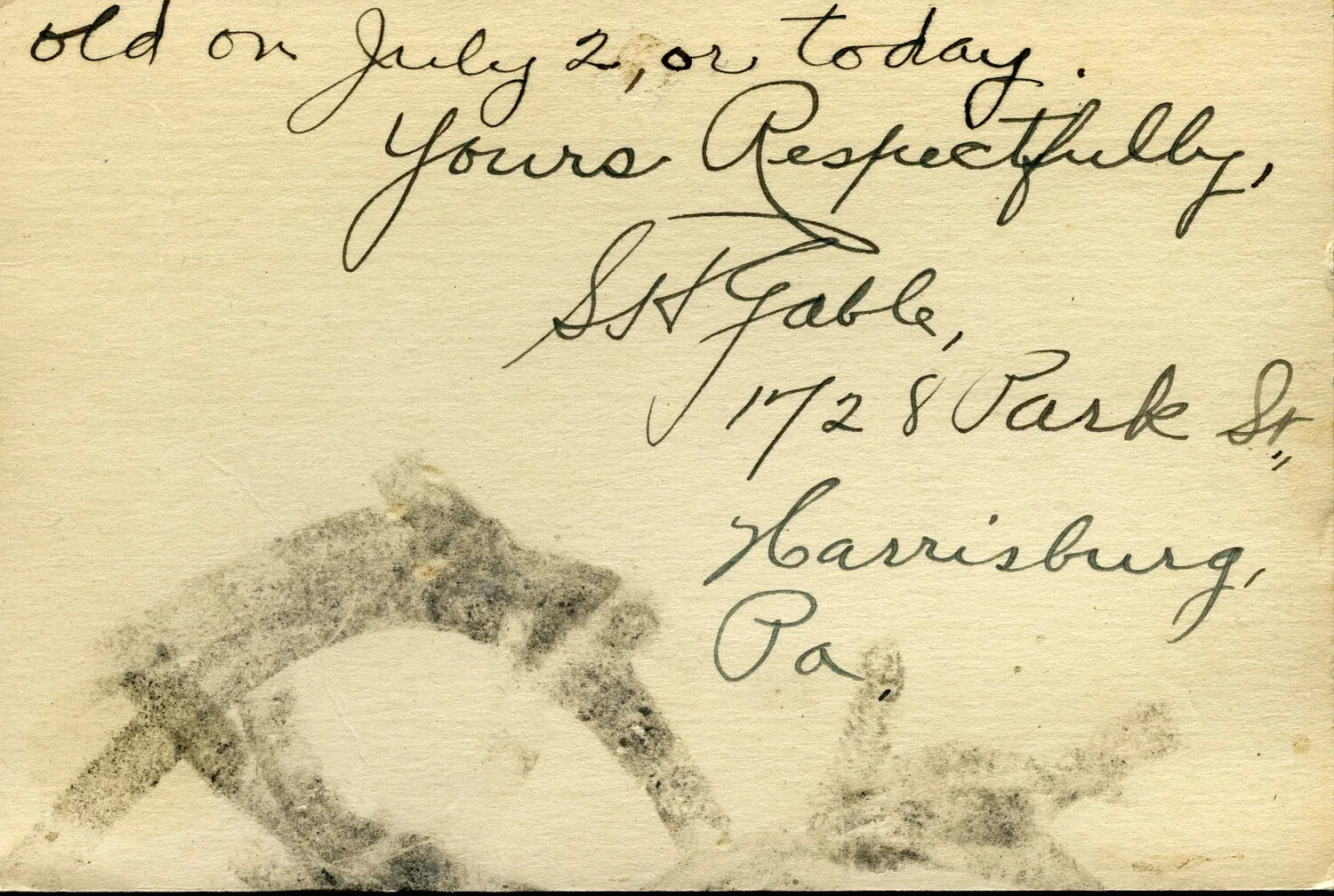 Handwritten Letter Closing with Signature and Harrisburg, PA Address (WWI Correspondence)