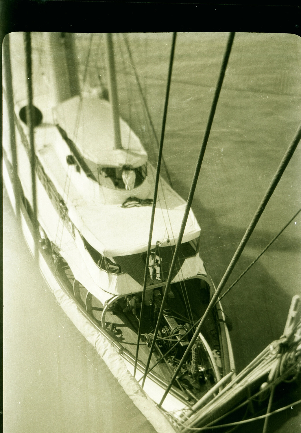 View of Vessel Bow and Deck from Ship's Rigging, China Waters, 1930s