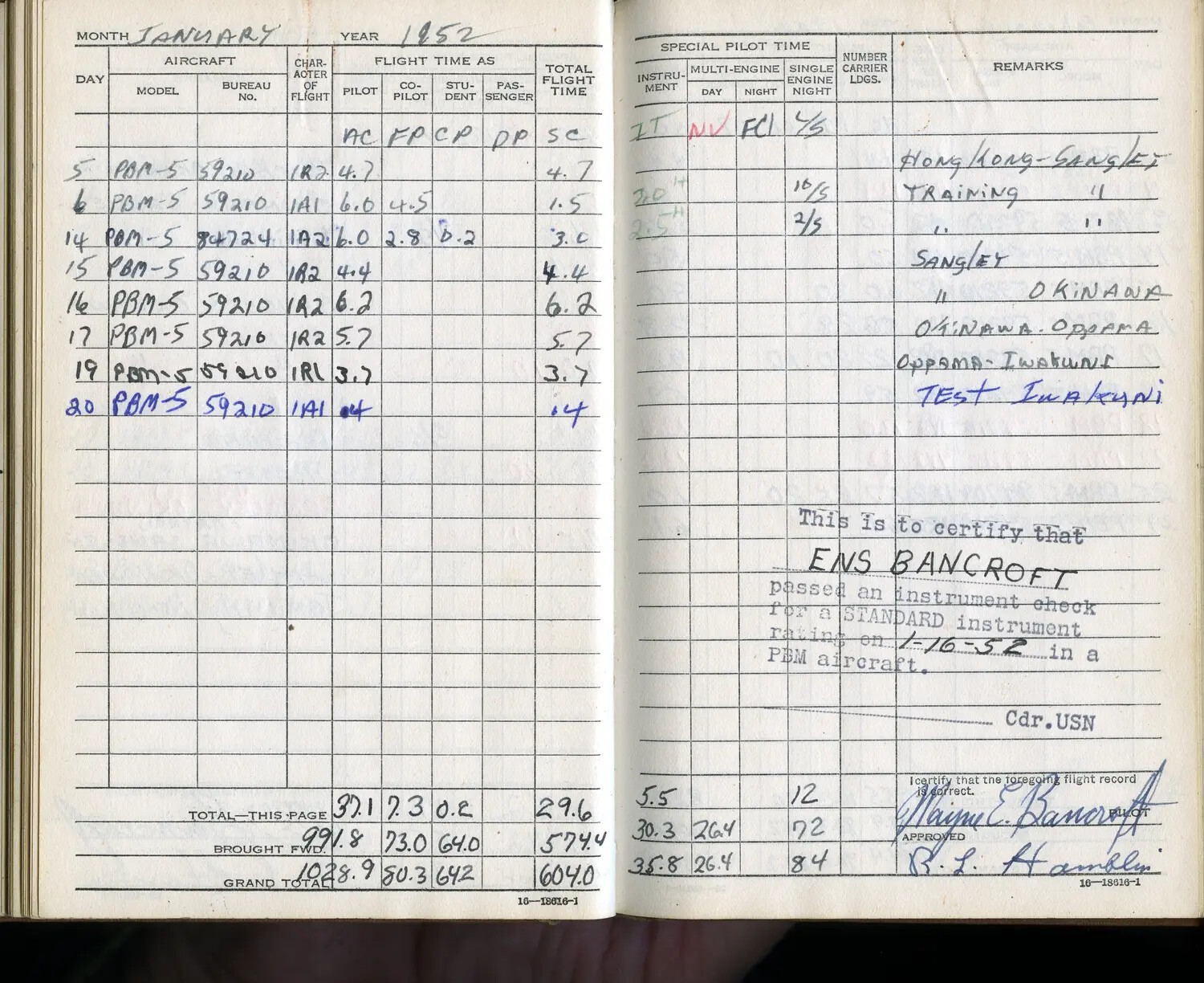 U.S. Navy Pilot's Flight Logbook, Ensign Bancroft, PBM-5 Mariner Flying Boat, January 1952