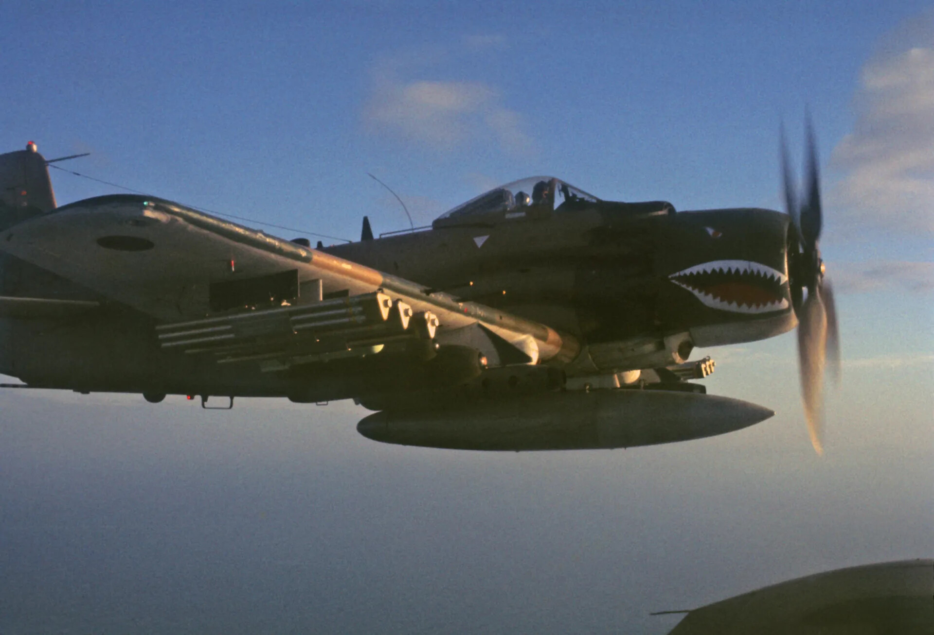 A-1 Skyraider with Shark-Mouth Nose Art, Armed for Mission, In-Flight, Vietnam Era