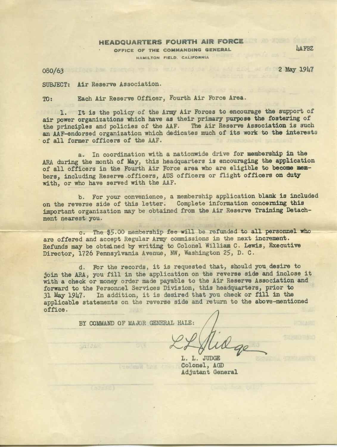 Typed Administrative Letter, Headquarters Fourth Air Force, Air Reserve Association Membership Drive, 2 May 1947