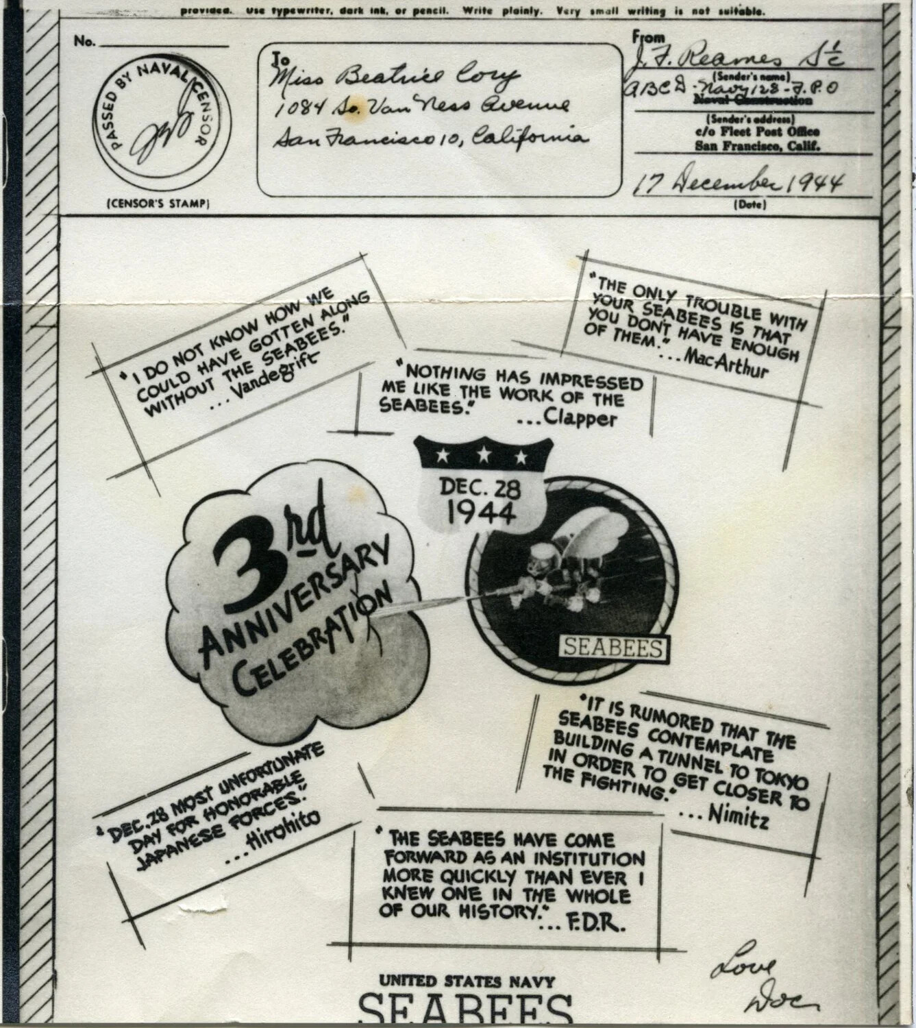 V-Mail Commemorative Card, U.S. Navy Seabees 3rd Anniversary Celebration, 17 December 1944