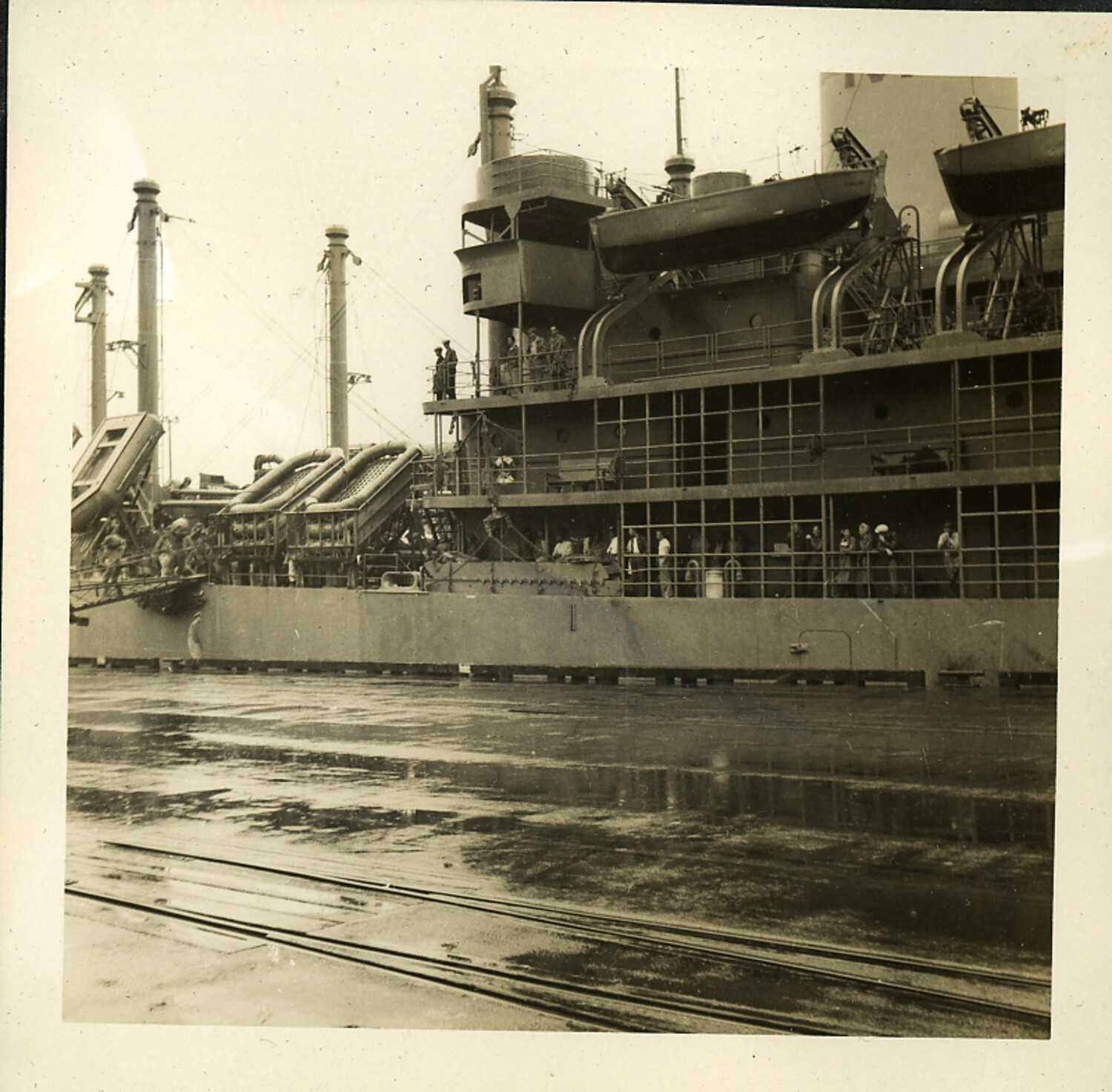 Cargo/Transport Vessel Moored at Dockside, Postwar Japanese Port