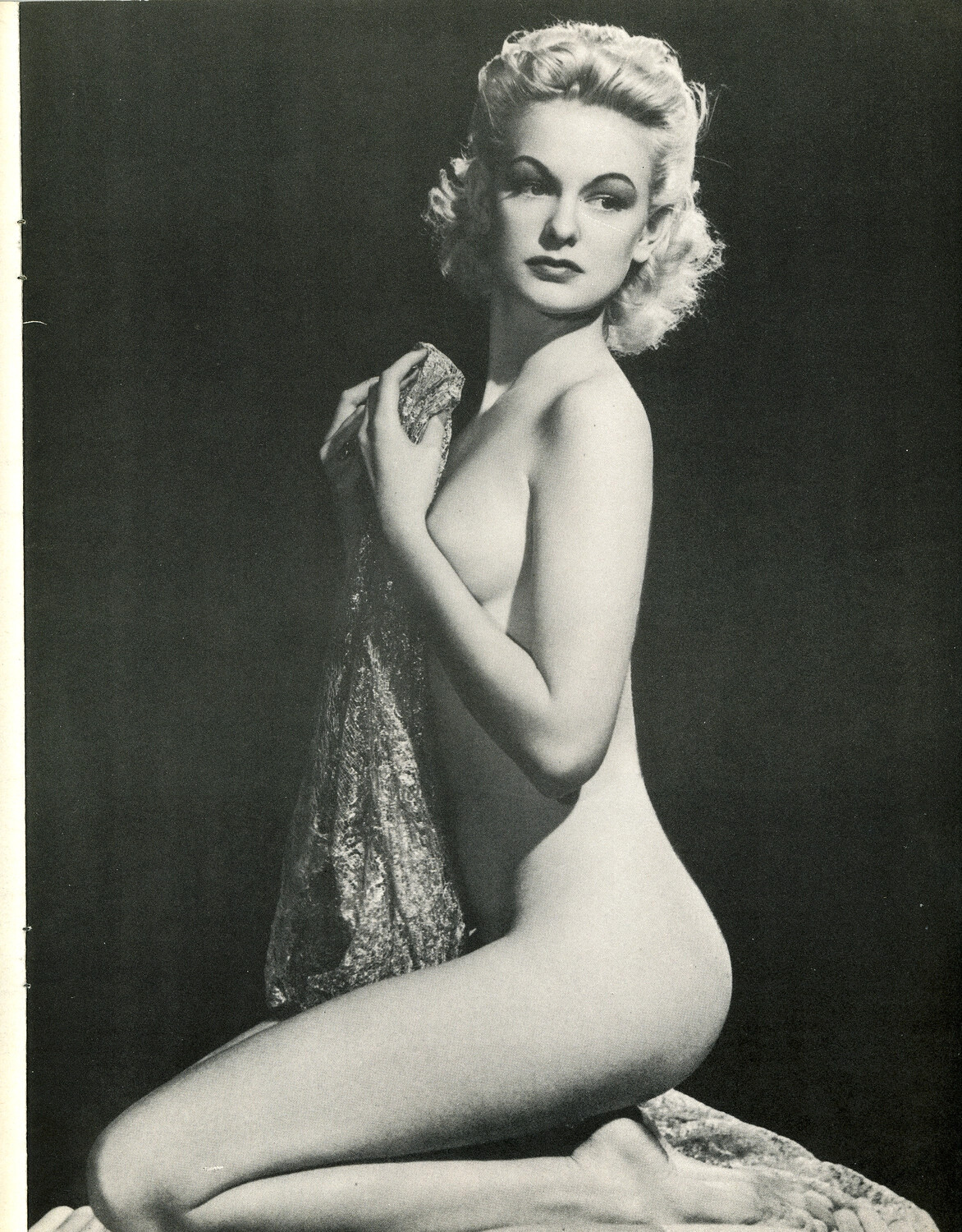 Studio Glamour Photograph, Seated Nude Figure Study with Drapery, 1940s Magazine Reproduction