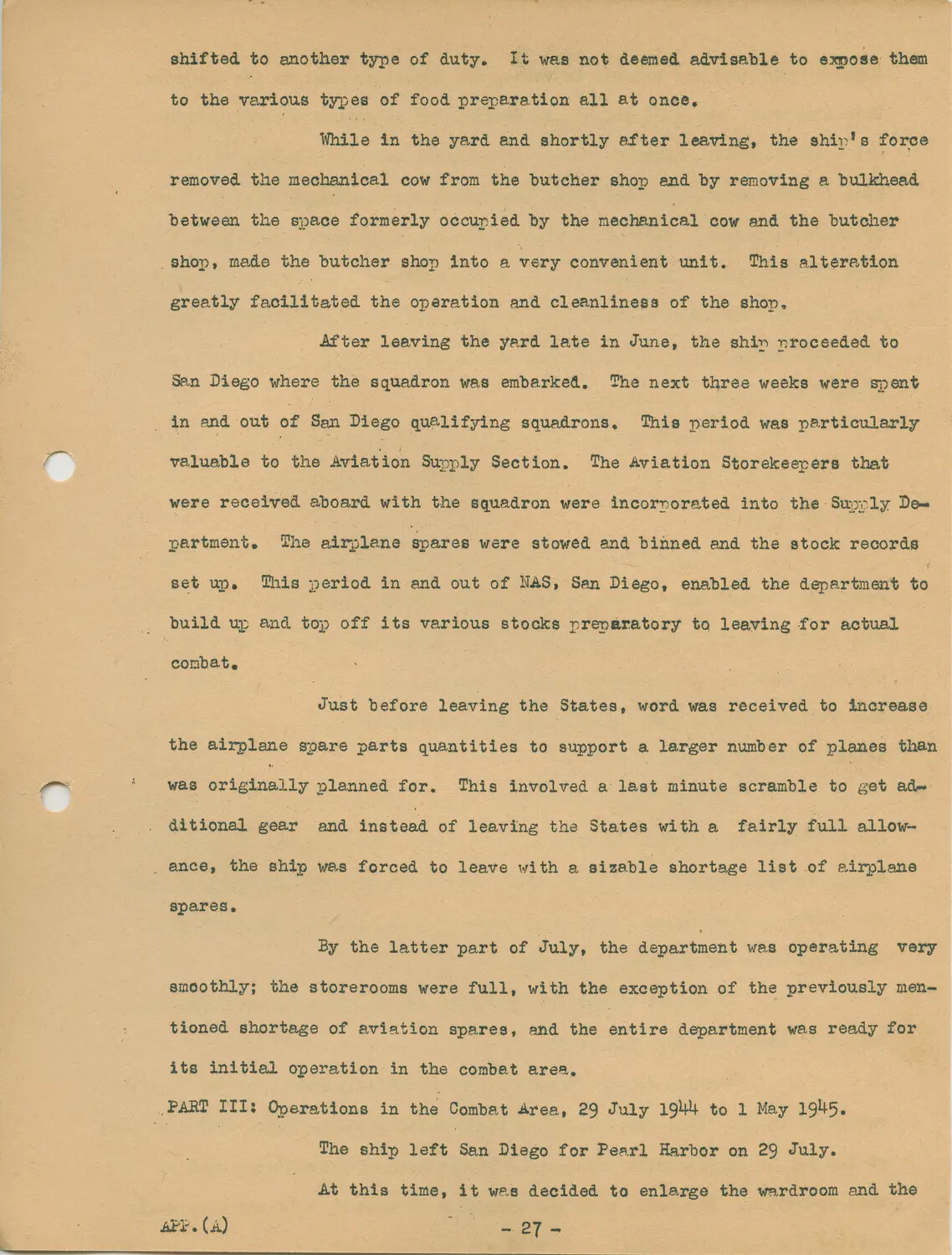 USS Petrof Bay (CVE-80) War History Narrative, Appendix A, Page 27 - Pre-Deployment Preparations and Start of Combat Operations