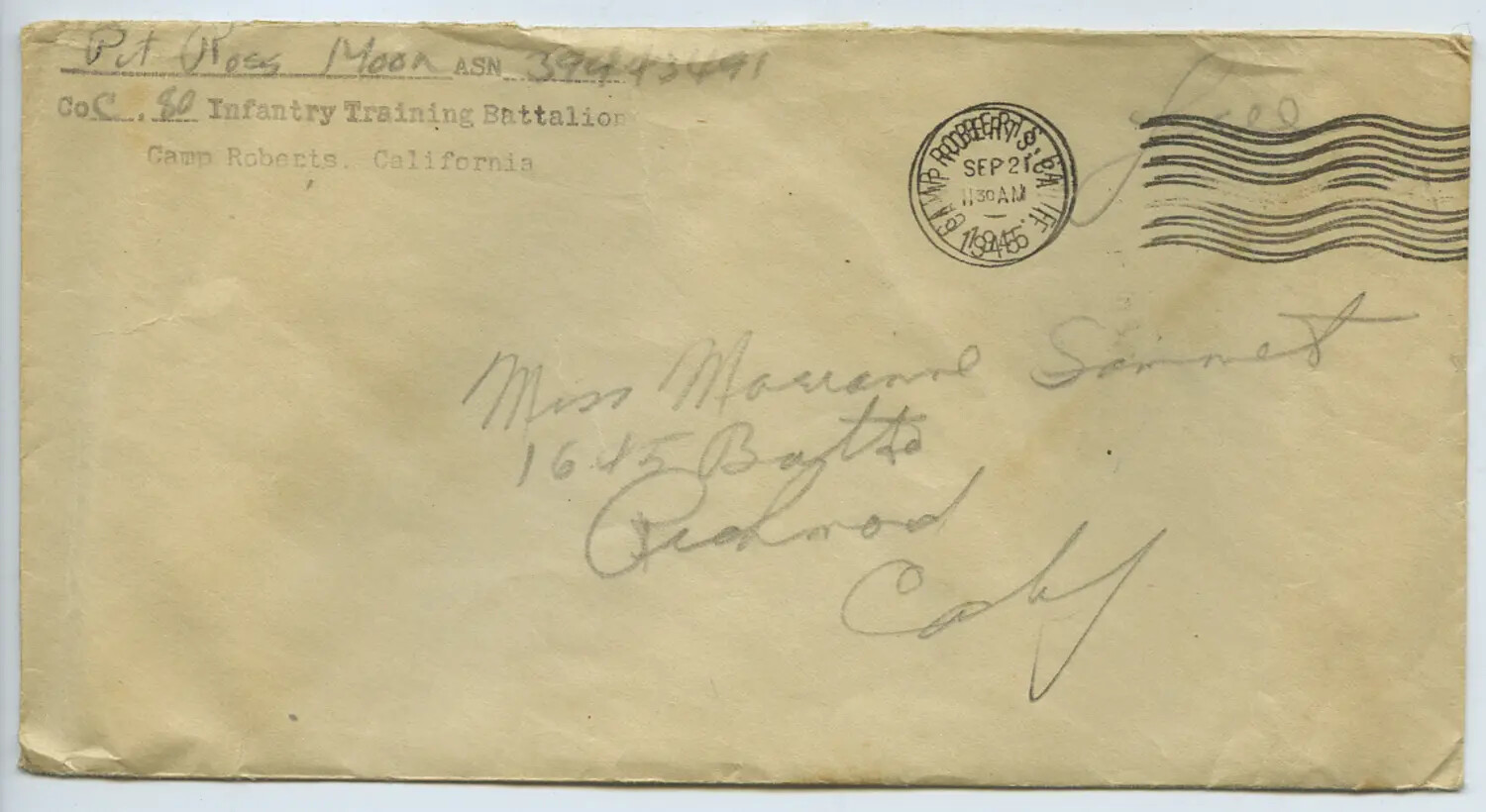 WWII Military Mail Envelope from Pvt. Ross Moon, Camp Roberts, California, to Miss Marianne Sammiet, September 1945