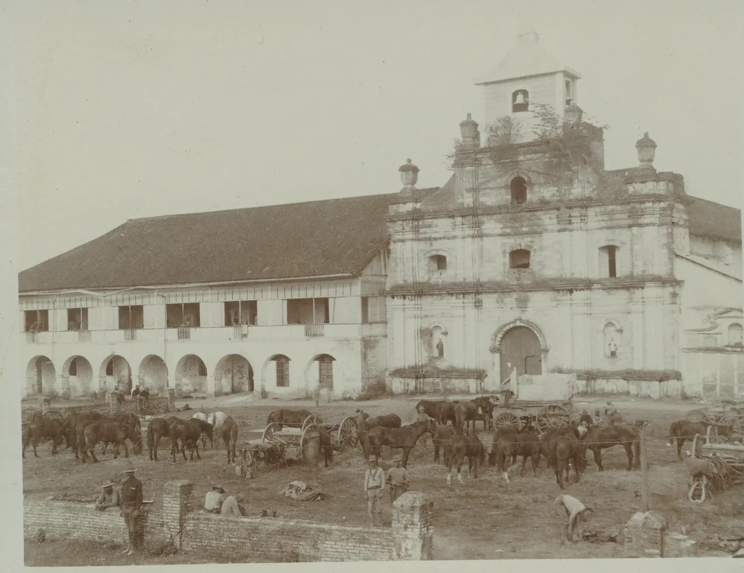 American Troops and Horses at a Philippine Colonial Church Plaza, c. 1898-1902