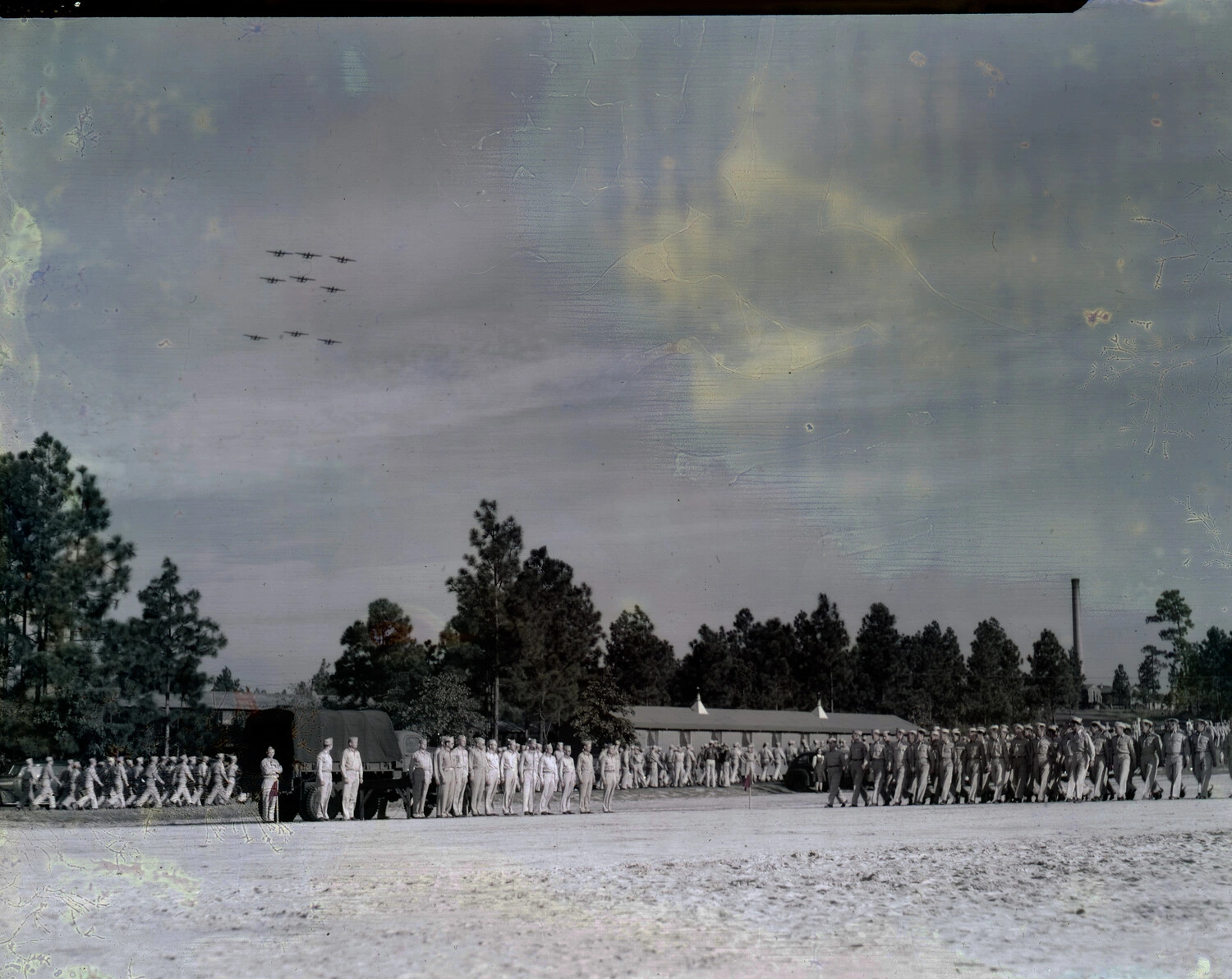 Troop Review with Aircraft Flyover, Damaged WWII-Era Negative, Kotec China-Burma Collection