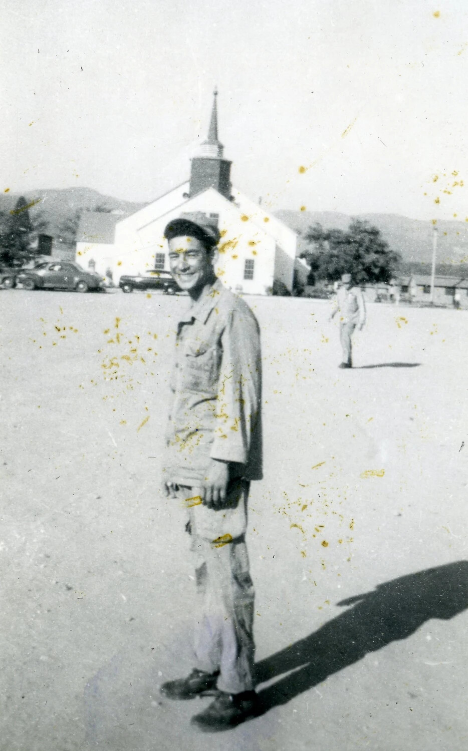 U.S. Marine in Utility Uniform Near Base Chapel, VMF-214 Album, 1945