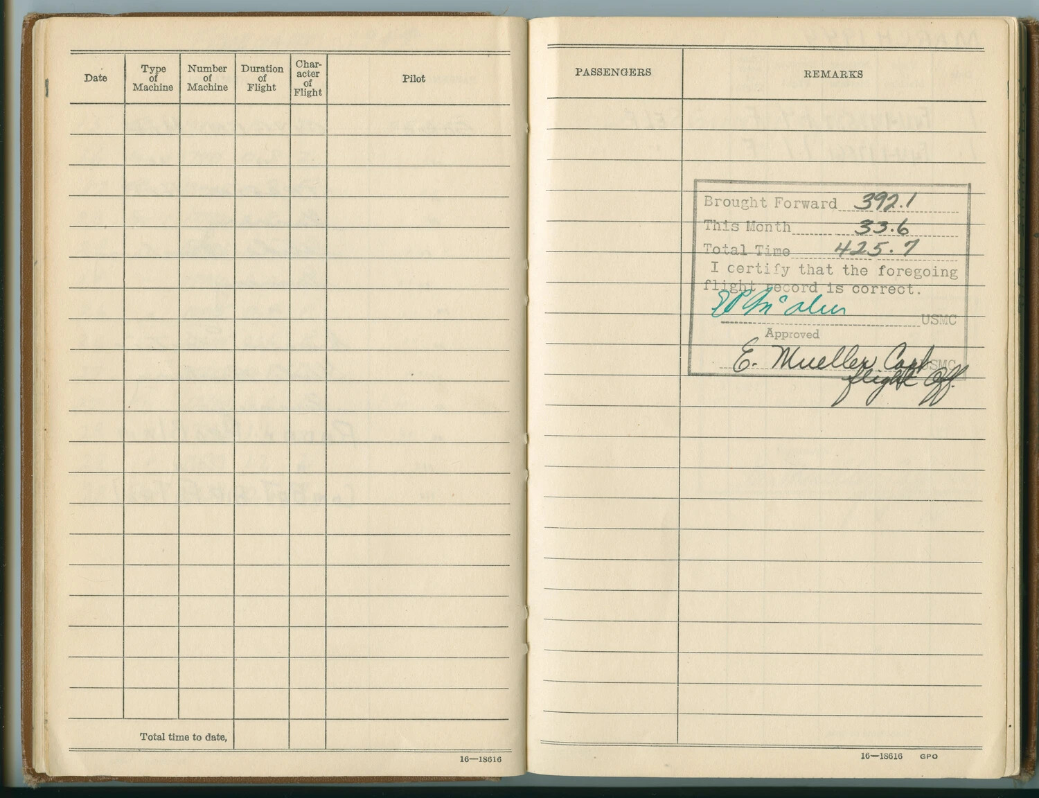 Flight Log Book Page: Monthly Flight Time Certification, Edward P. McAleer, USMC