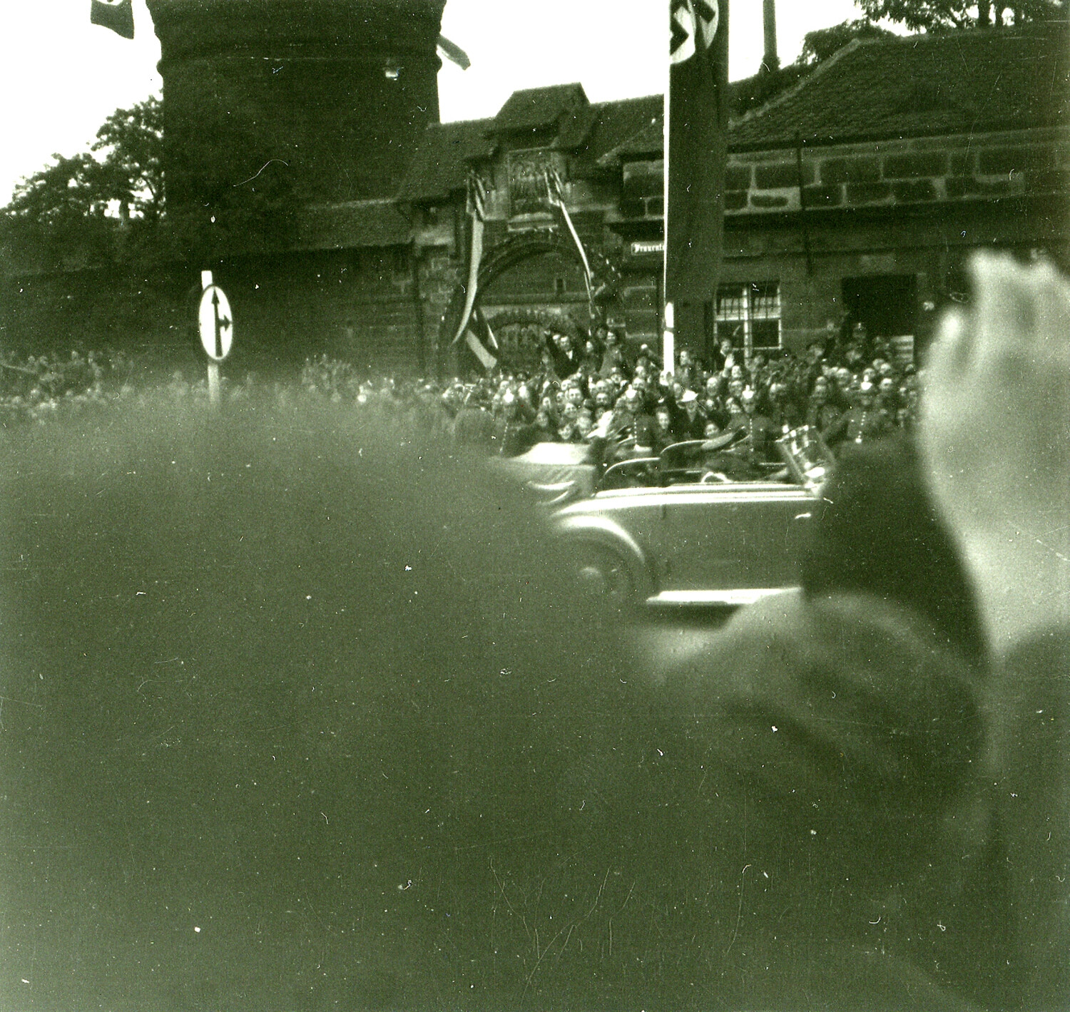 Open-Top Automobile Procession Past Medieval Gate Tower, Nuremberg, Nazi-Era Germany