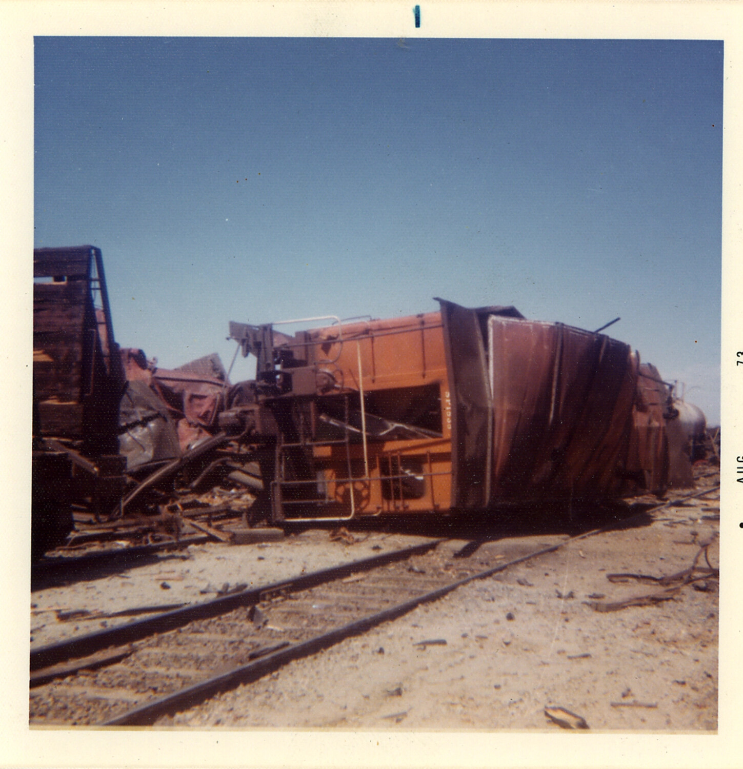 Derailed Boxcar Wreckage, Roseville Yard Munitions Train Explosion, California, 1973
